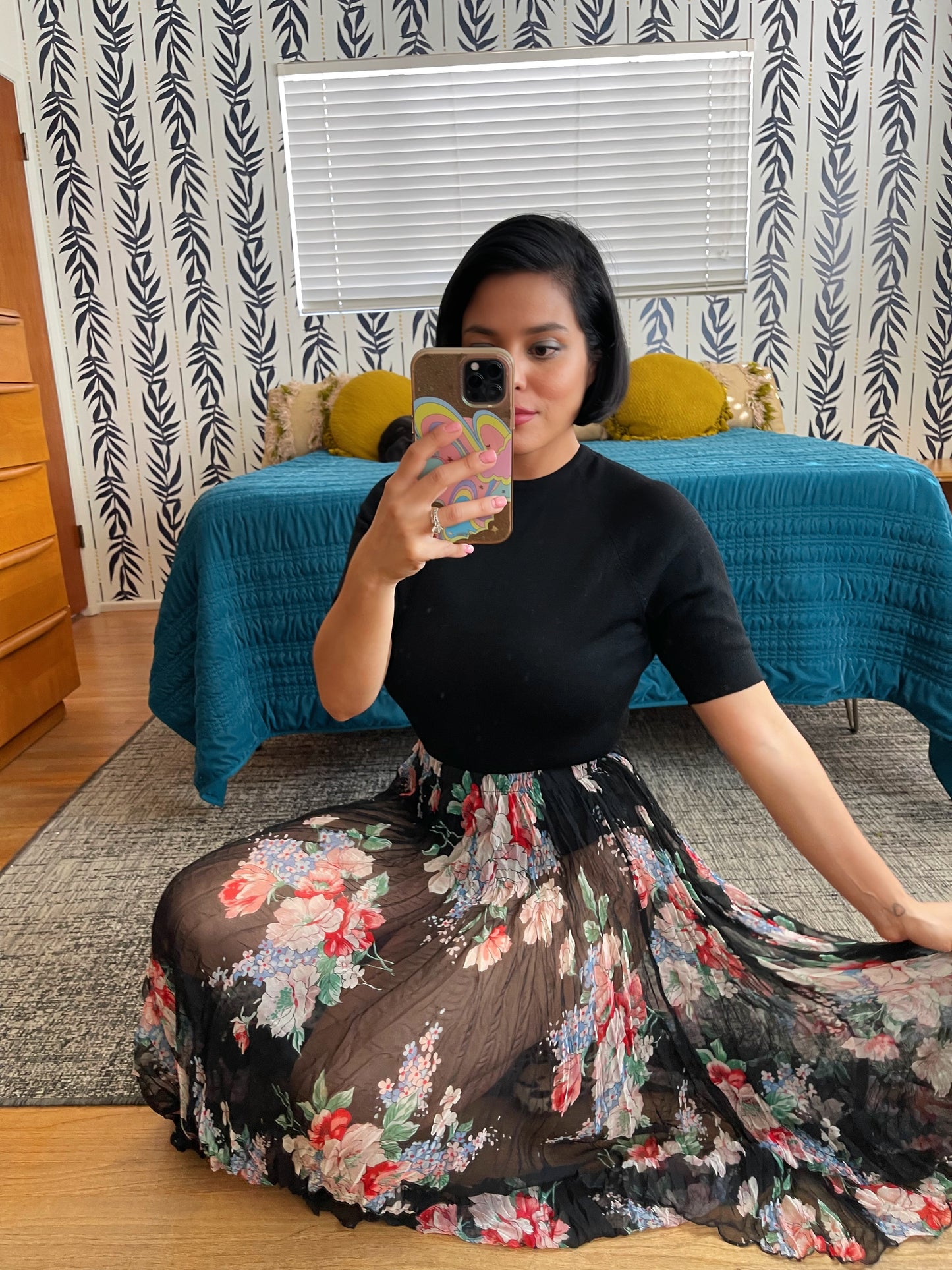 Vintage 80s 90s Sheer Floral Asymmetrical Handkerchief Cut Hem Maxi Length Skirt Fits Sizes XS- Possible L