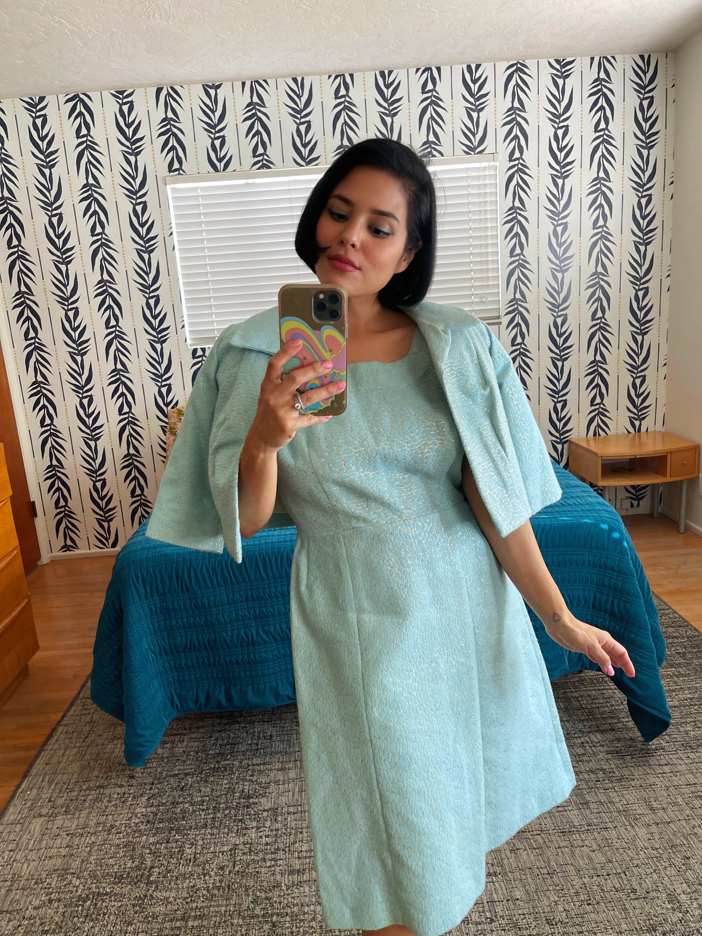 Vintage 60s Jackie O Inspired Metallic and Light Blue Abstract Print Felt Wool Dress Set with Matching Bolero Jacket Fits Sizes S- Possible L