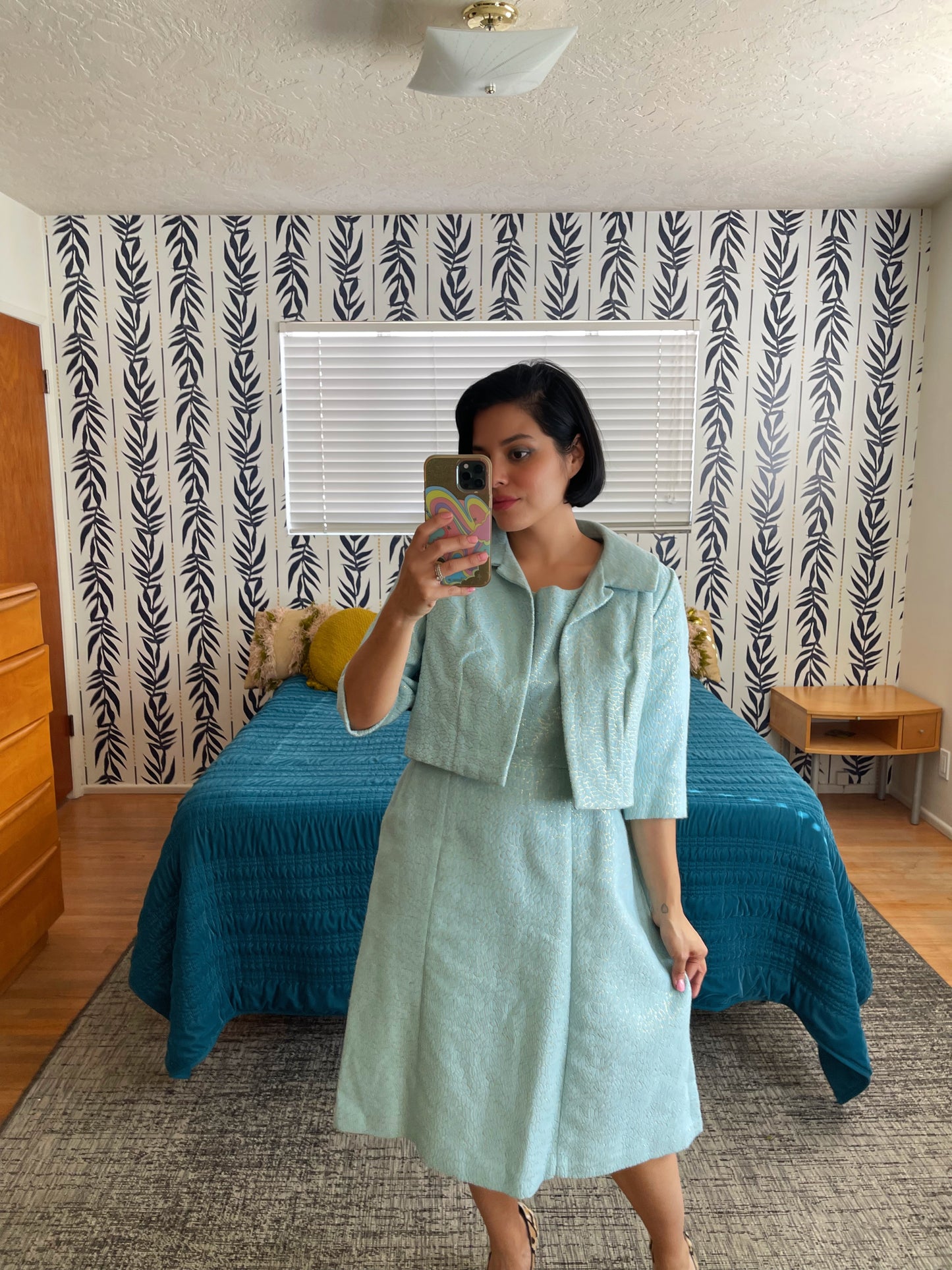 Vintage 60s Jackie O Inspired Metallic and Light Blue Abstract Print Felt Wool Dress Set with Matching Bolero Jacket Fits Sizes S- Possible L