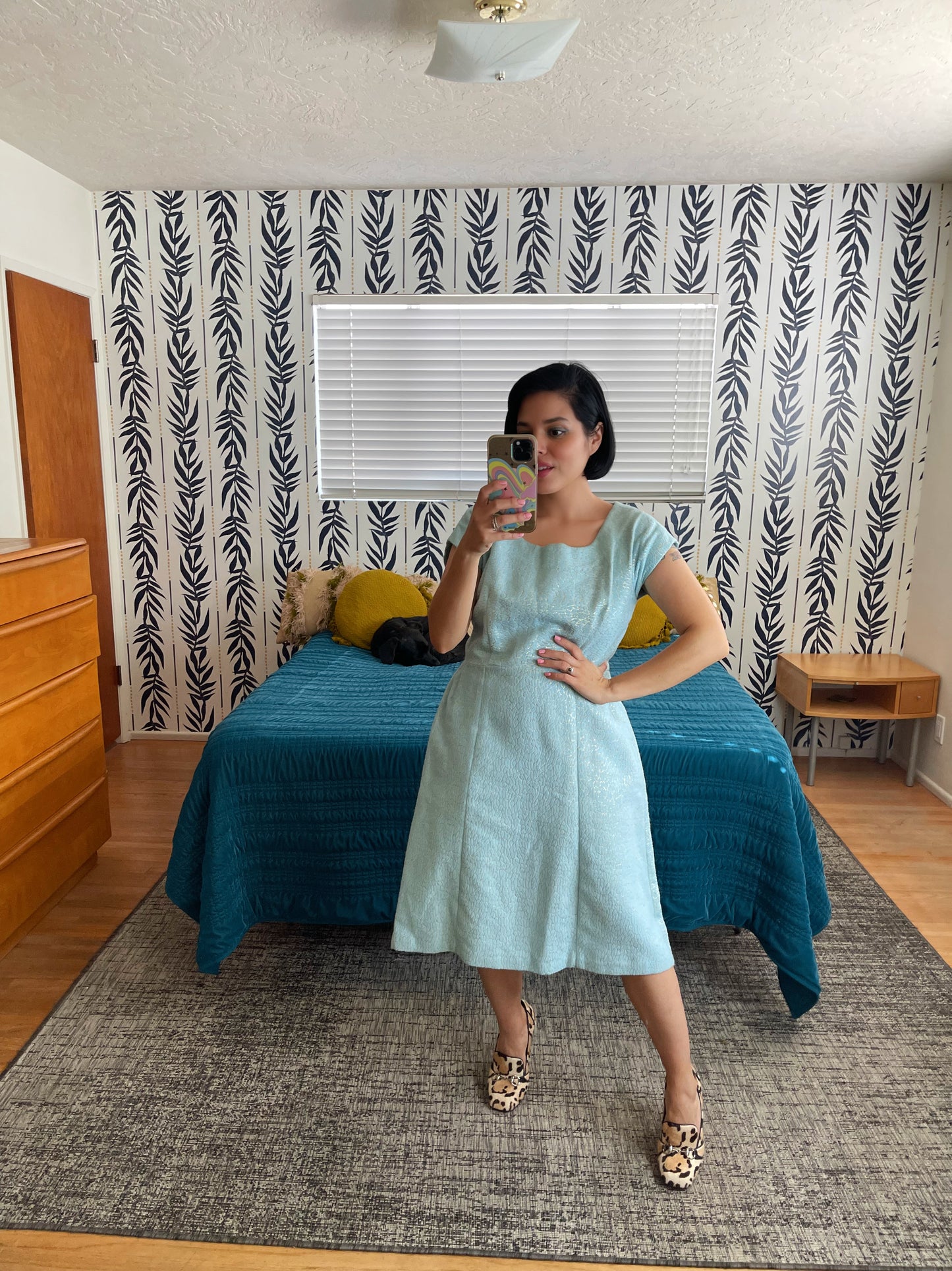 Vintage 60s Jackie O Inspired Metallic and Light Blue Abstract Print Felt Wool Dress Set with Matching Bolero Jacket Fits Sizes S- Possible L