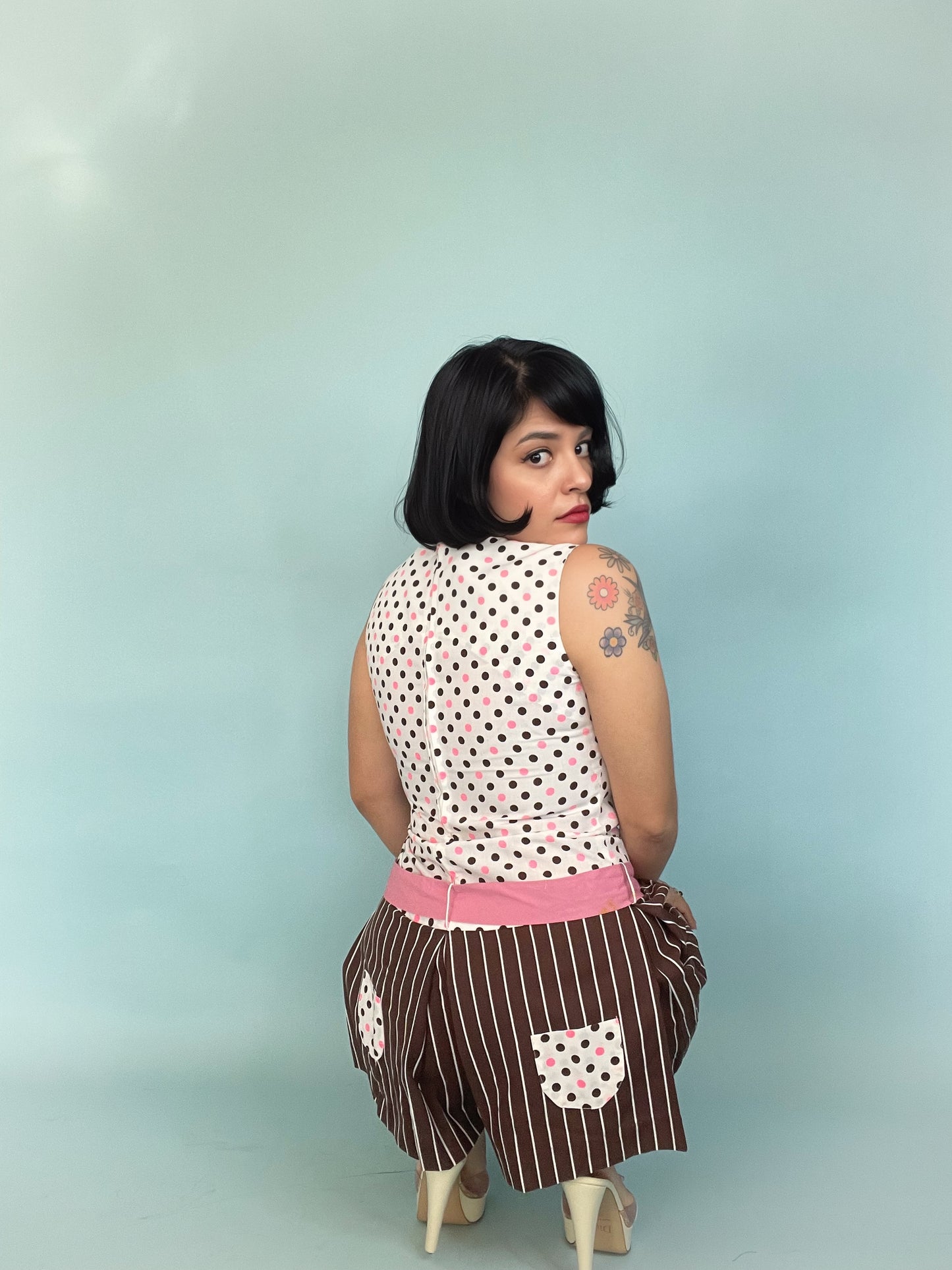 Vintage 60s / 70s Mod Polka Dot and Striped Romper Fits Sizes XXS-XS