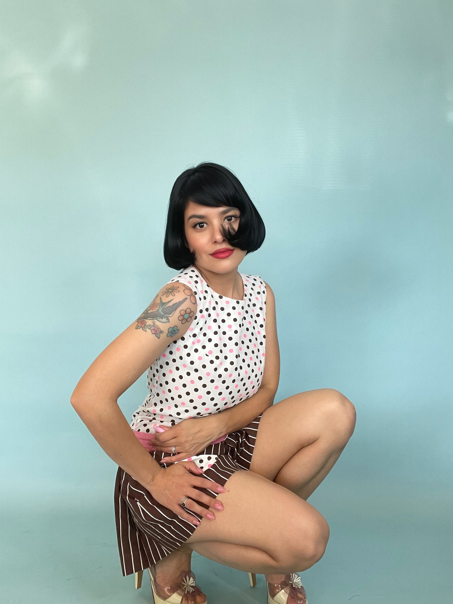 Vintage 60s / 70s Mod Polka Dot and Striped Romper Fits Sizes XXS-XS