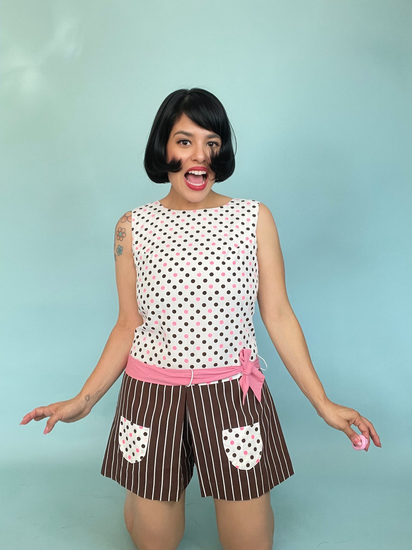 Vintage 60s / 70s Mod Polka Dot and Striped Romper Fits Sizes XXS-XS