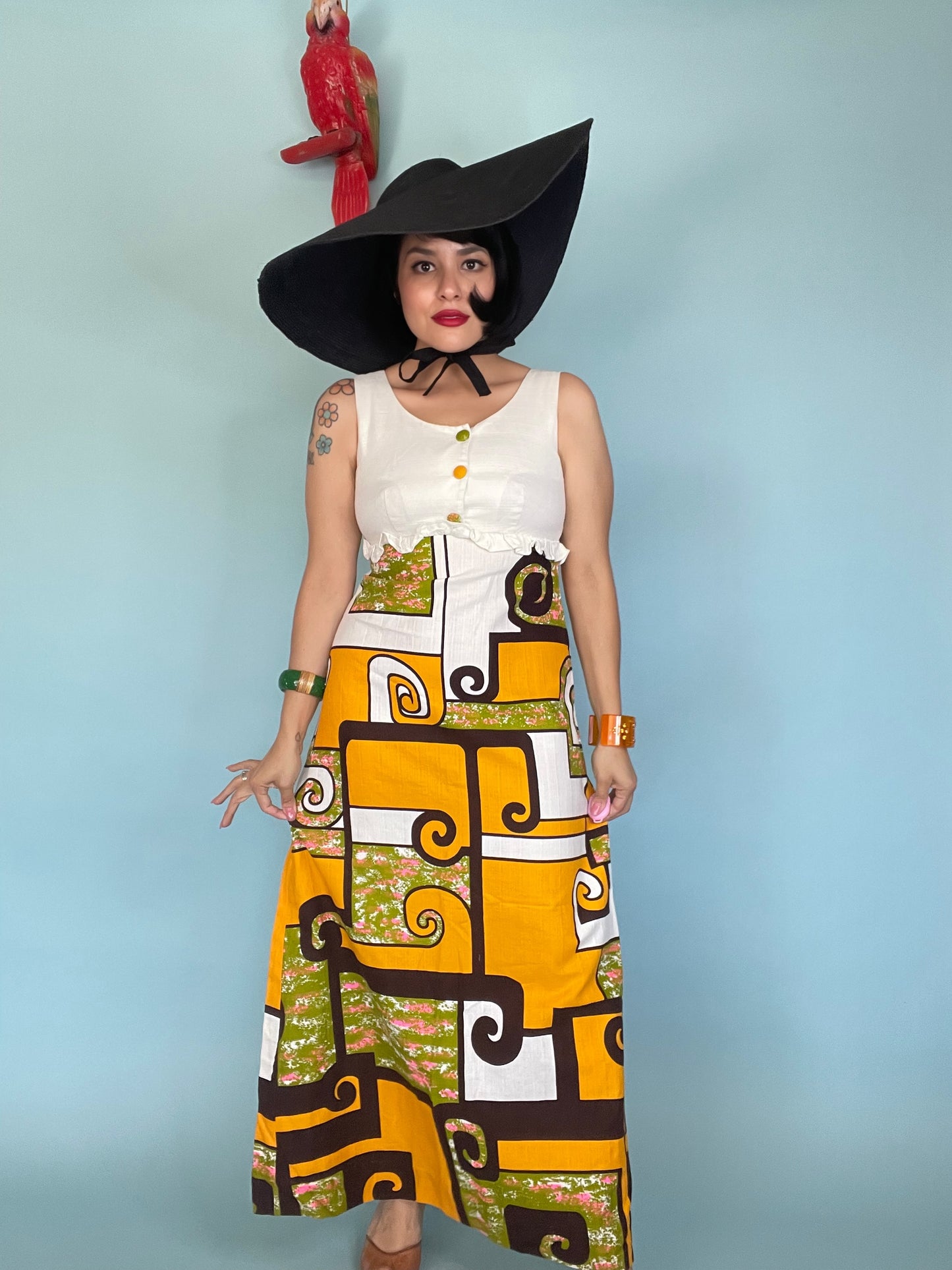 Vintage 60s / 70s White Groovy Tiki Print Maxi Dress "Momi's Fashions Hawaii" Fits Sizes XS-S
