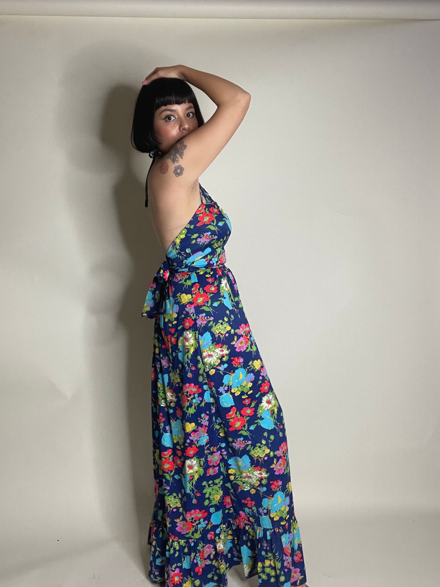 Vintage 60s / 70s Floral Halter Breaded Floral Design Maxi Dress Fits Sizes XS-SM