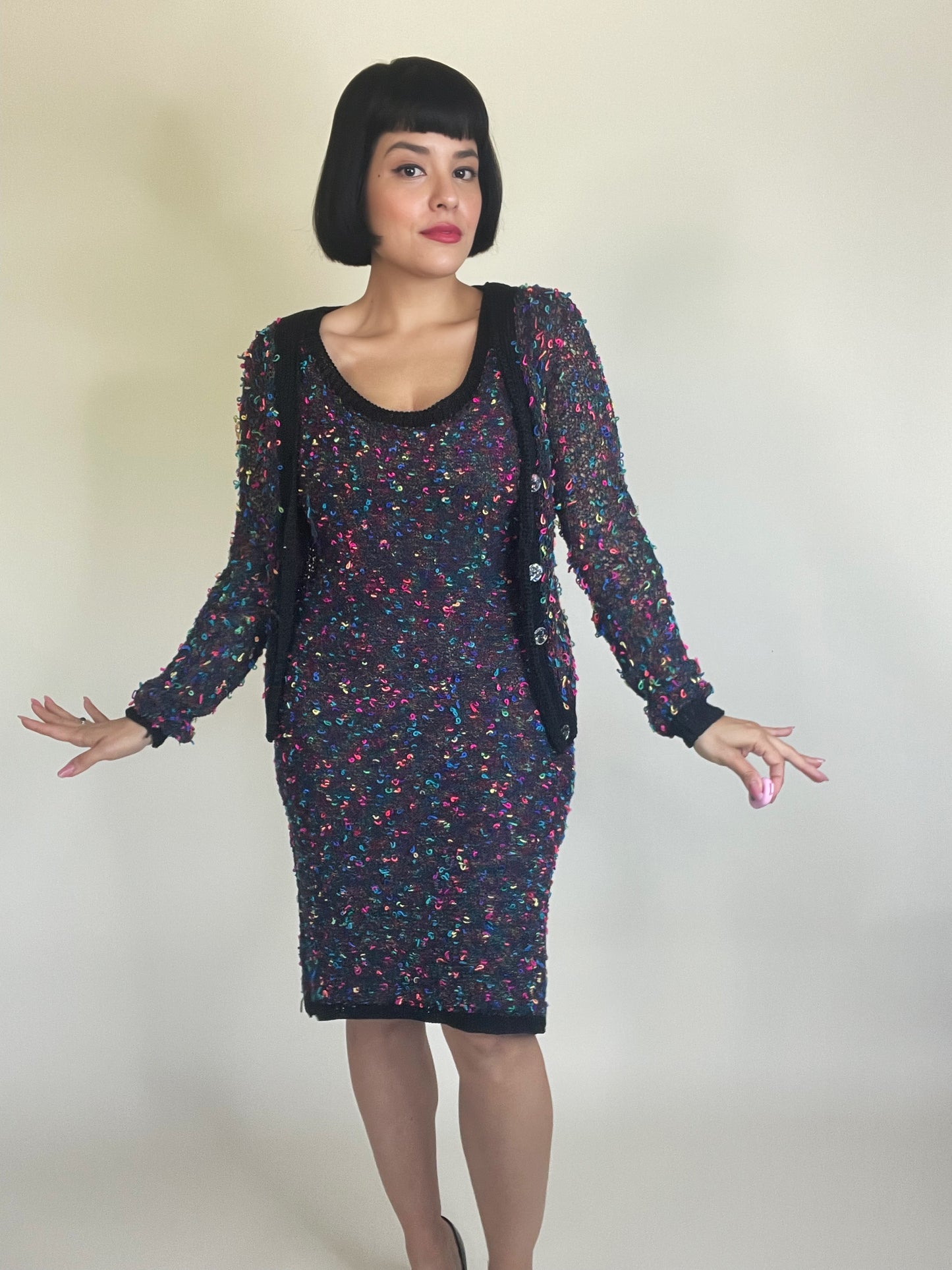 Vintage 80s Rainbow Yarn Knit Dress Sweater Set Fits Sizes XS-M