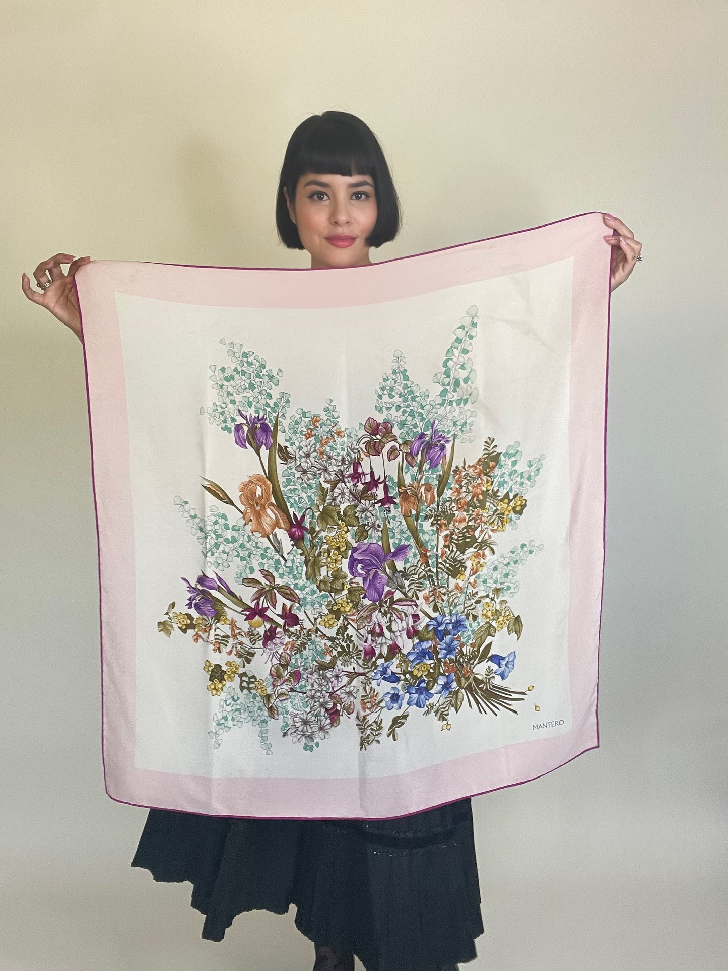 Vintage 80s Floral Garden "Mantero" Silk Scarf