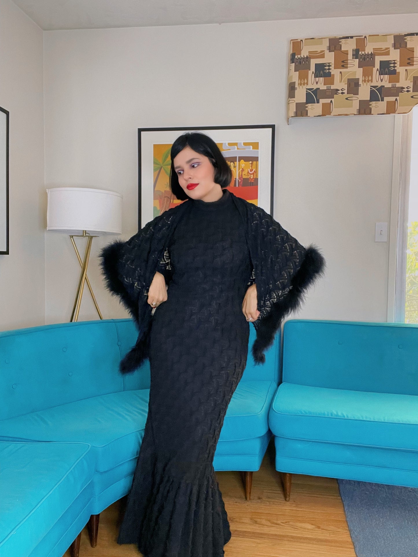Vintage 60s Black Fitted Dress Basket Weave Chenille Mermaid Bottom Matching Marabou Shawl fits sizes XS-M