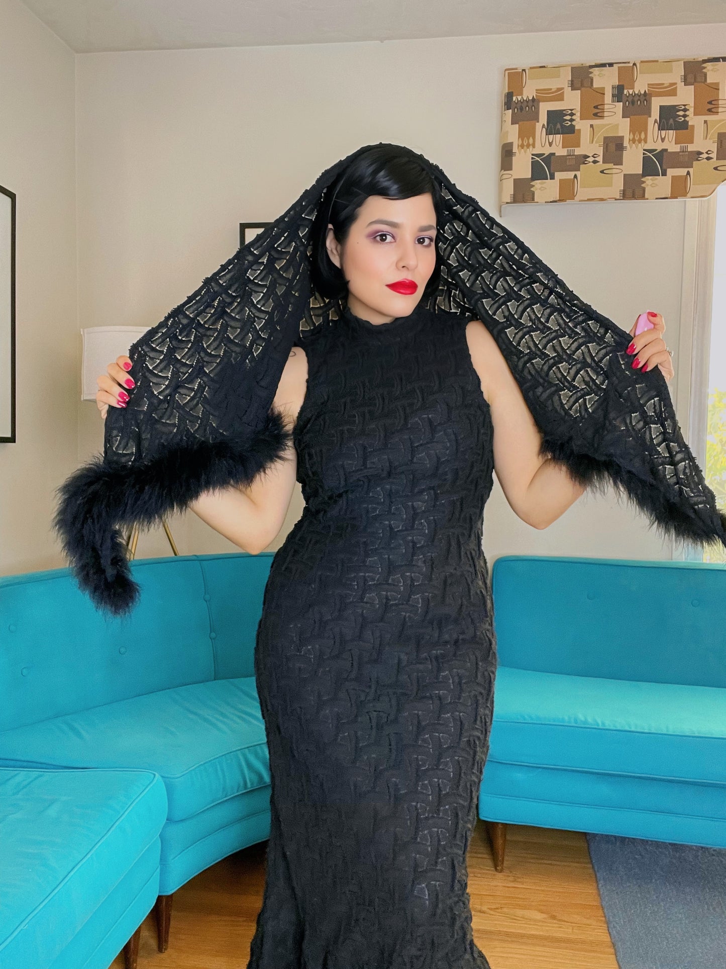 Vintage 60s Black Fitted Dress Basket Weave Chenille Mermaid Bottom Matching Marabou Shawl fits sizes XS-M