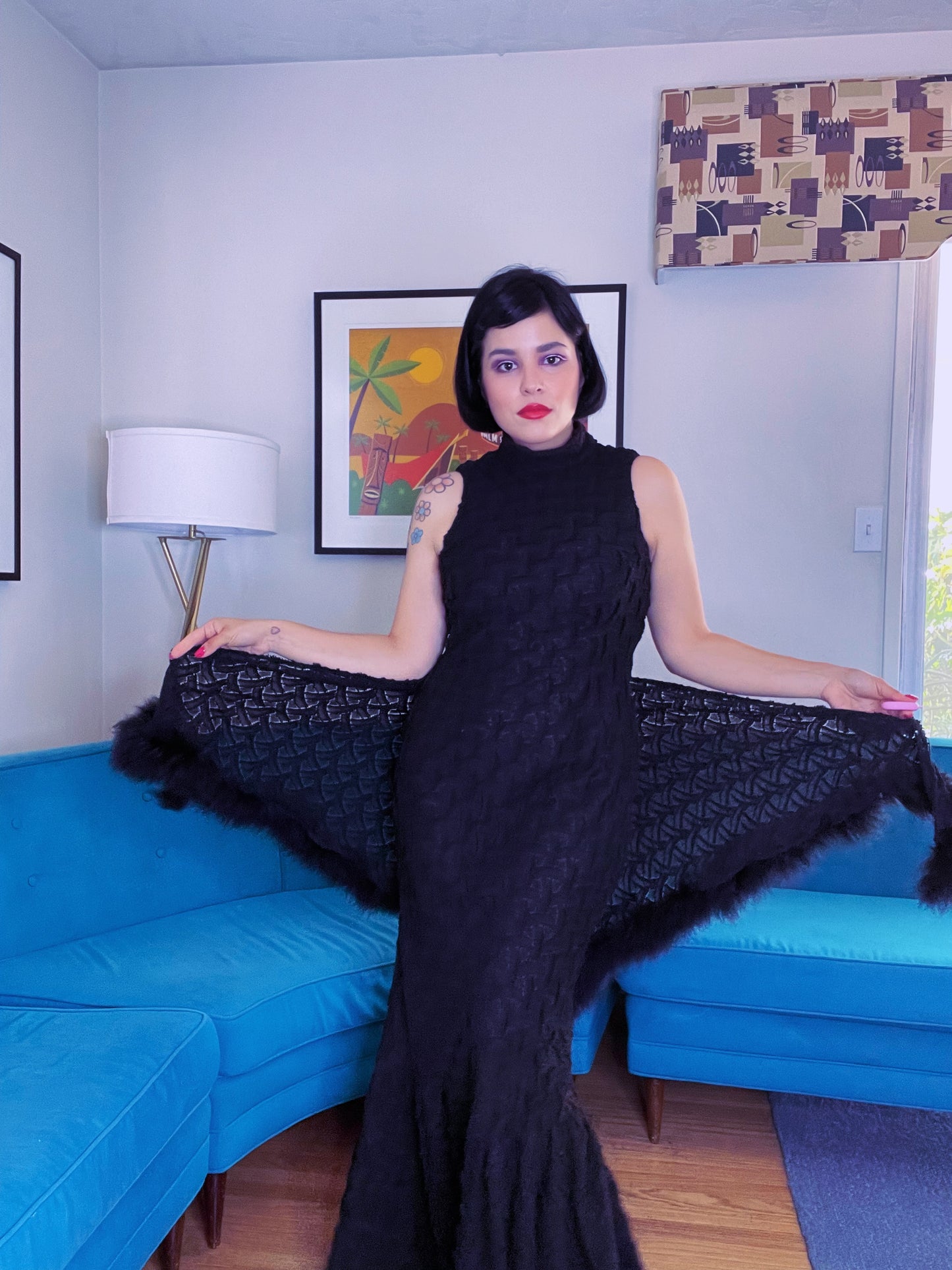Vintage 60s Black Fitted Dress Basket Weave Chenille Mermaid Bottom Matching Marabou Shawl fits sizes XS-M