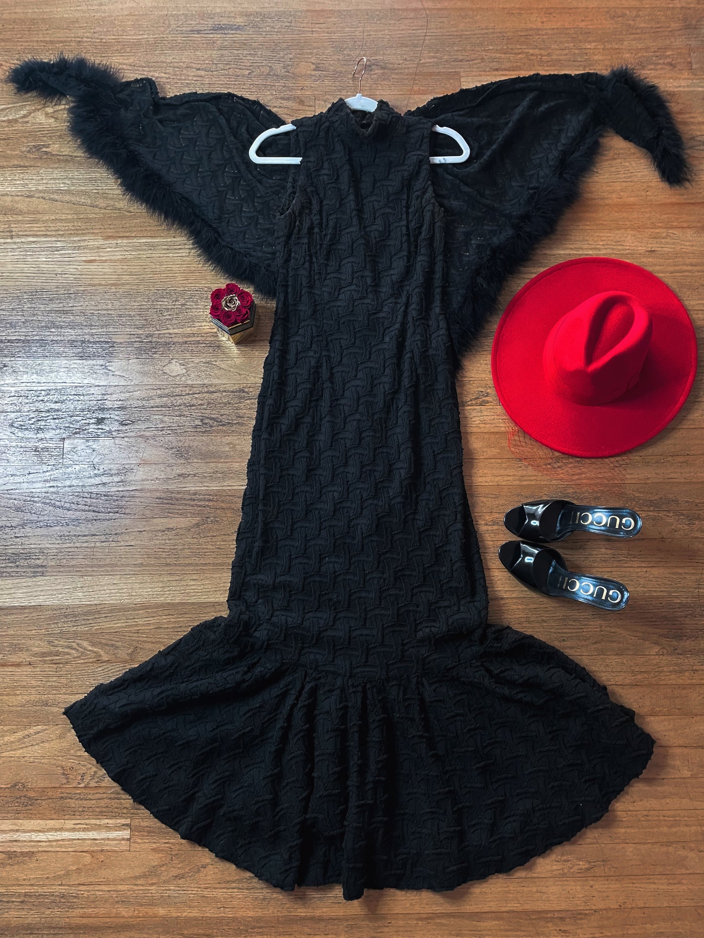 Vintage 60s Black Fitted Dress Basket Weave Chenille Mermaid Bottom Matching Marabou Shawl fits sizes XS-M