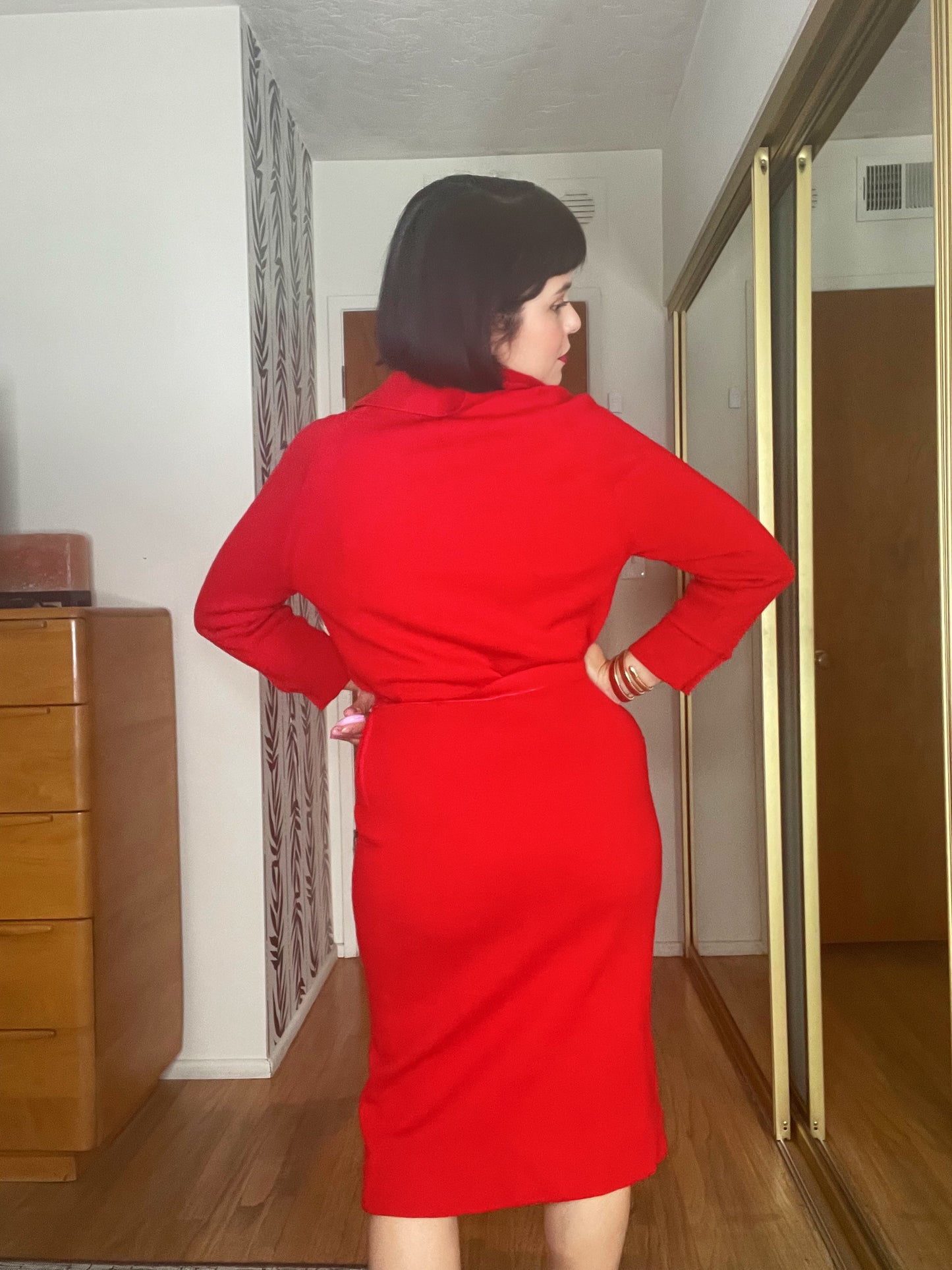 Vintage 1960s Lipstick Red Wool Knit Sweater Skirt Set Fits Sizes XS-M