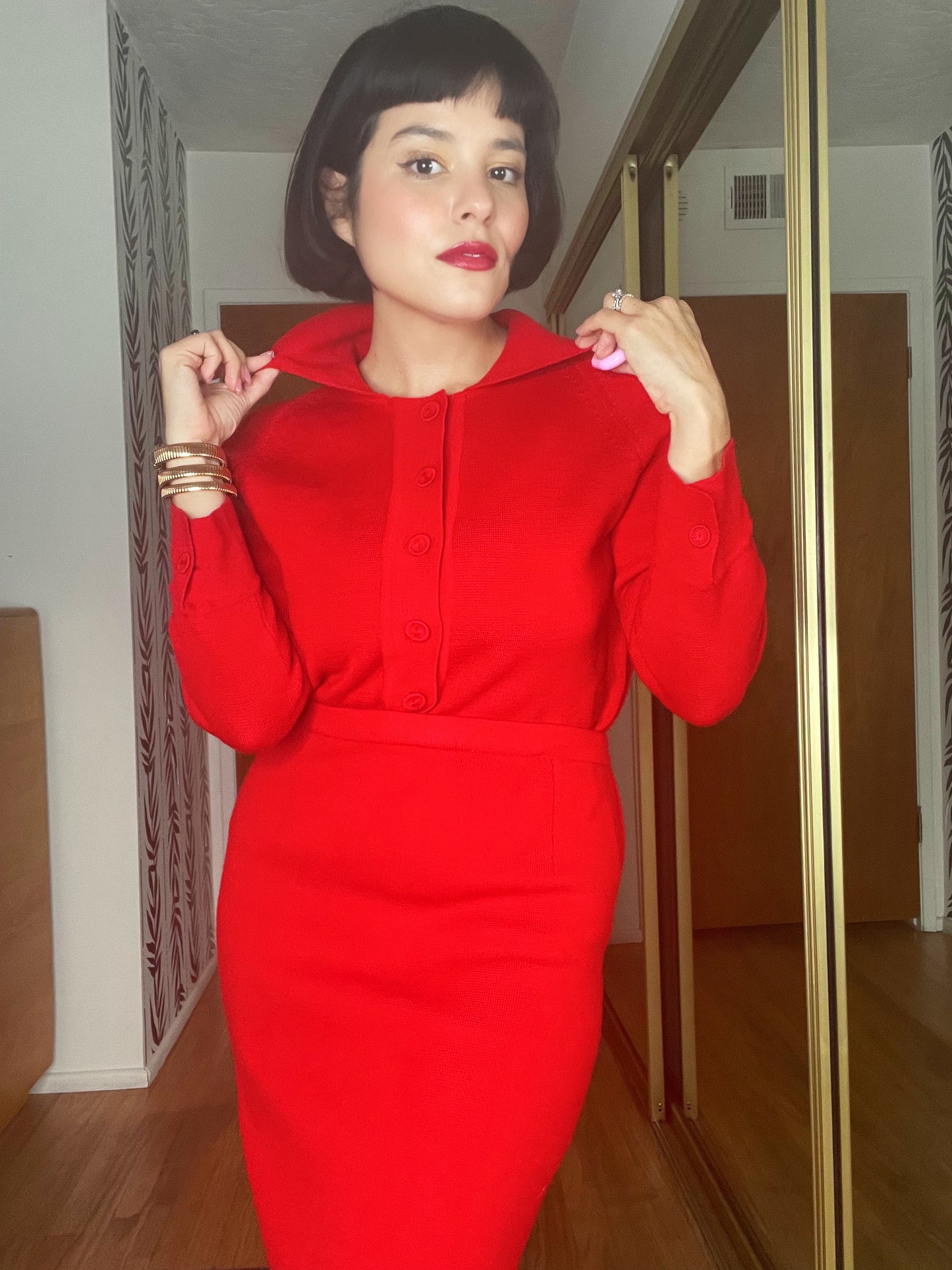 Vintage 1960s Lipstick Red Wool Knit Sweater Skirt Set Fits Sizes XS-M