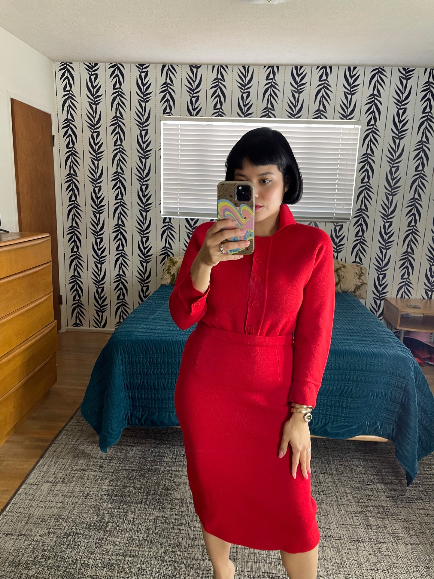 Vintage 1960s Lipstick Red Wool Knit Sweater Skirt Set Fits Sizes XS-M