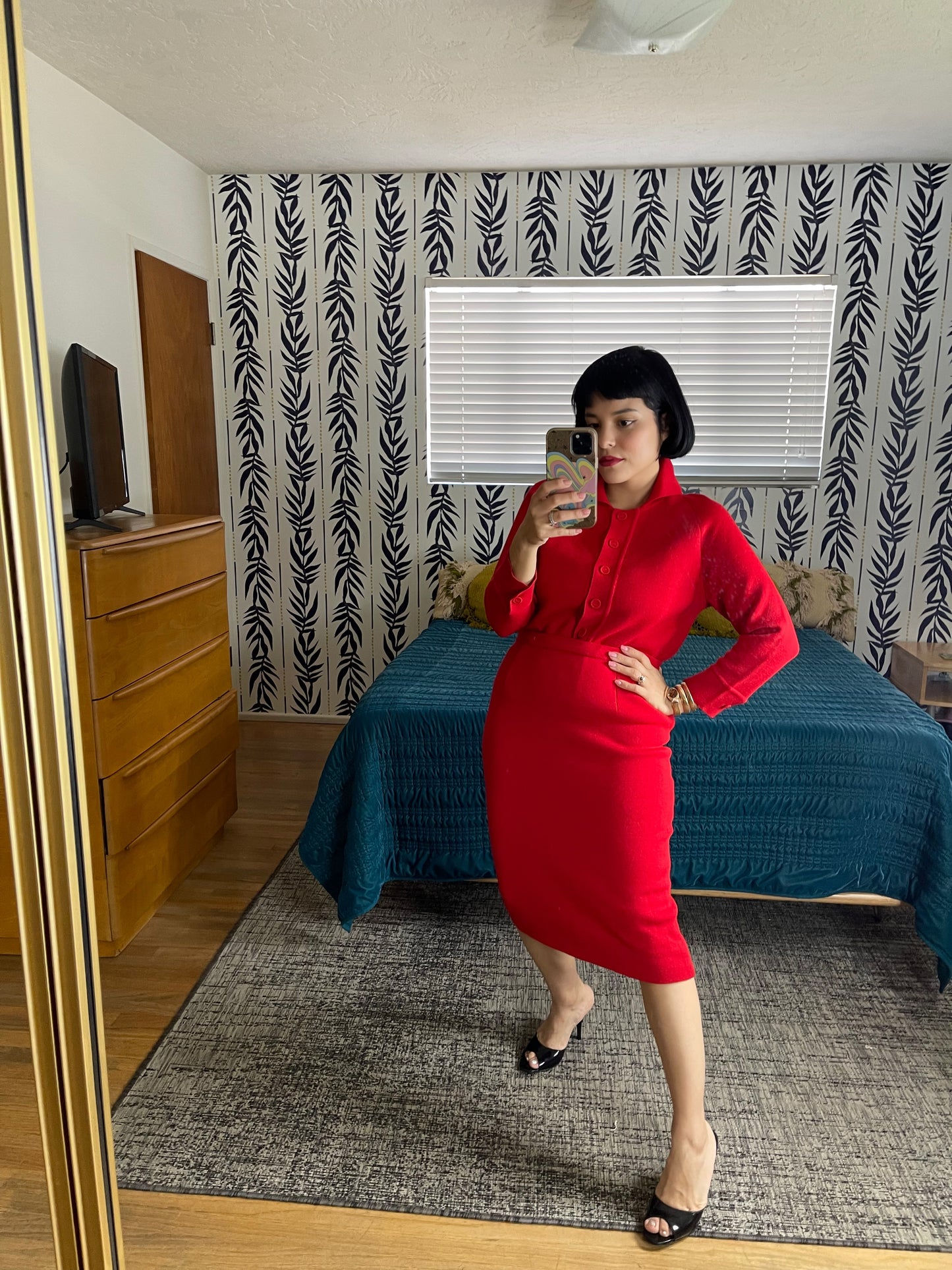 Vintage 1960s Lipstick Red Wool Knit Sweater Skirt Set Fits Sizes XS-M