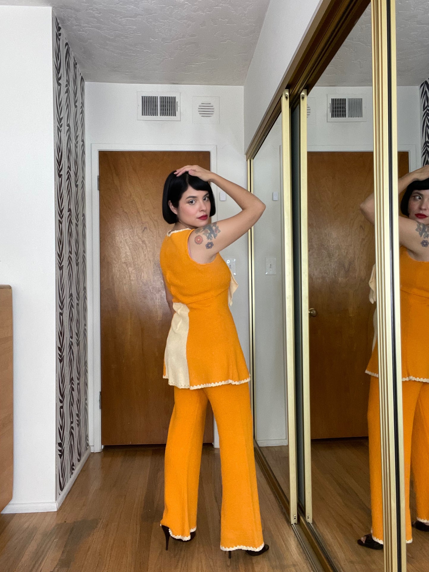 Vintage 60s 70s "Picardo Knits" Two Tone Orange Creamsicle Nautical Style Knit Tunic with High Waisted Pants Matching Set Fits Sizes S-M