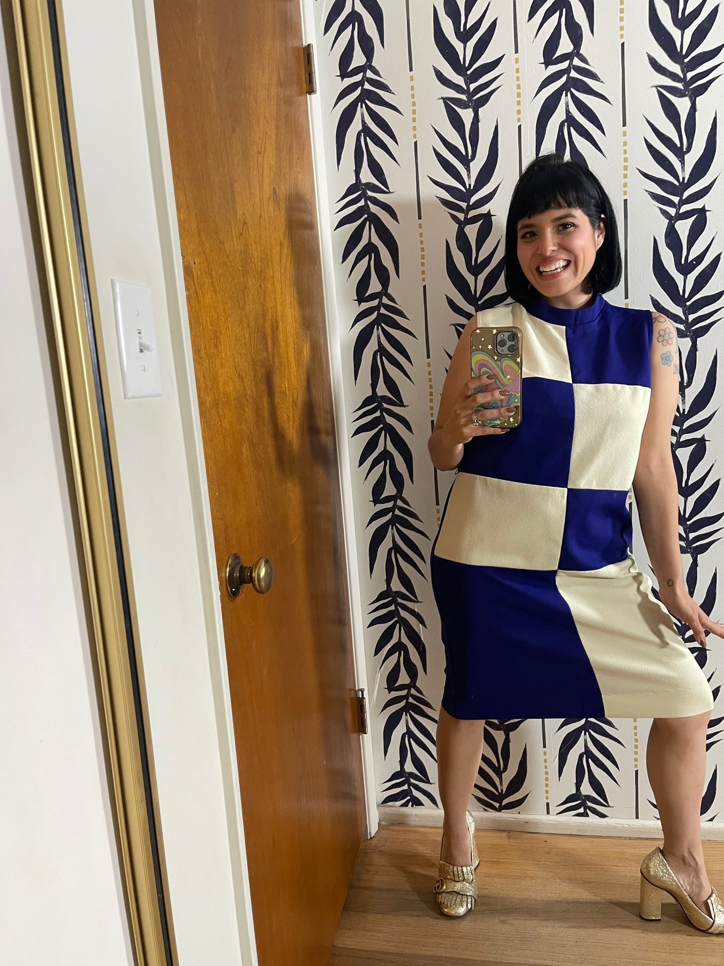 Vintage 60s Purple And White Color Block Mod Dress - Best Fits Size M-L