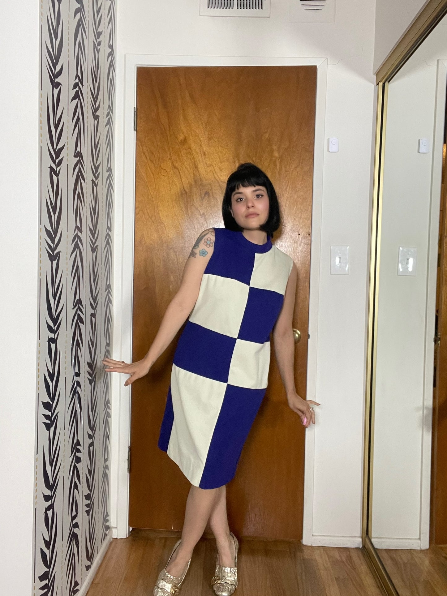 Vintage 60s Purple And White Color Block Mod Dress - Best Fits Size M-L