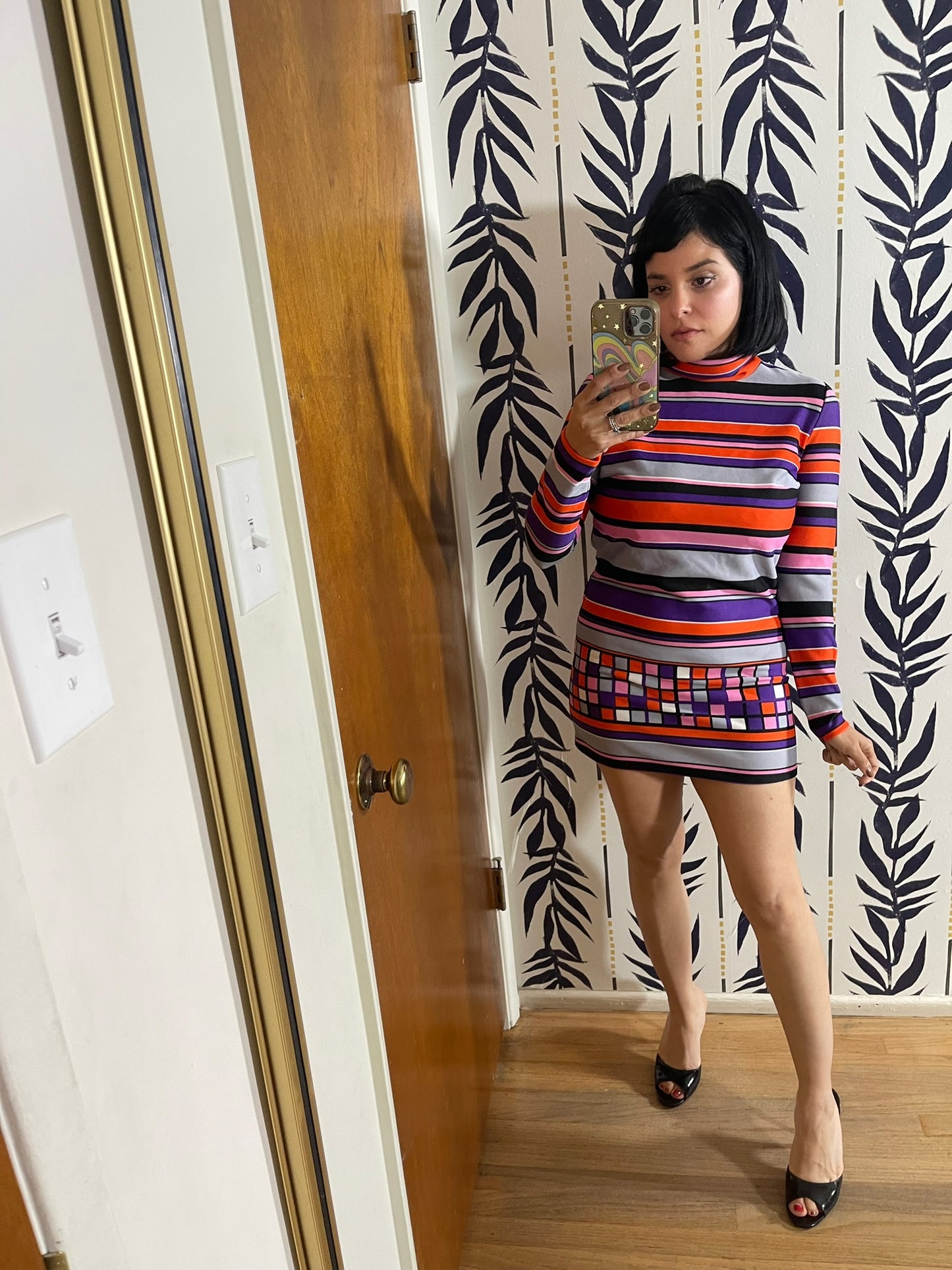 Vintage 60s Pixels And Stripes Turtleneck Dress - Best Fits Size XXS-M