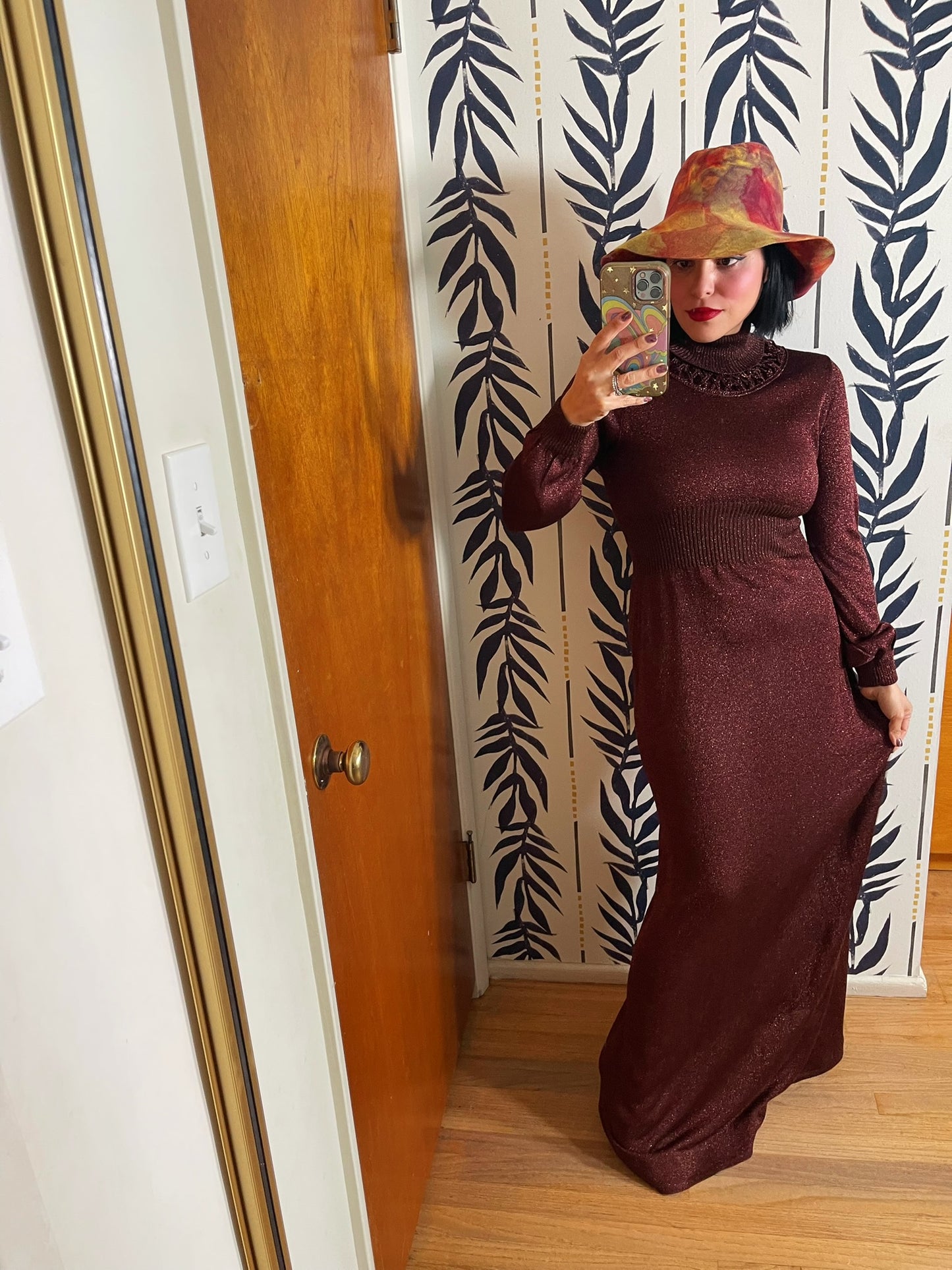 Vintage 60s 70s "Ruffians" Burgundy Glitter Knit Maxi Dress - Best Fits Size XS-L