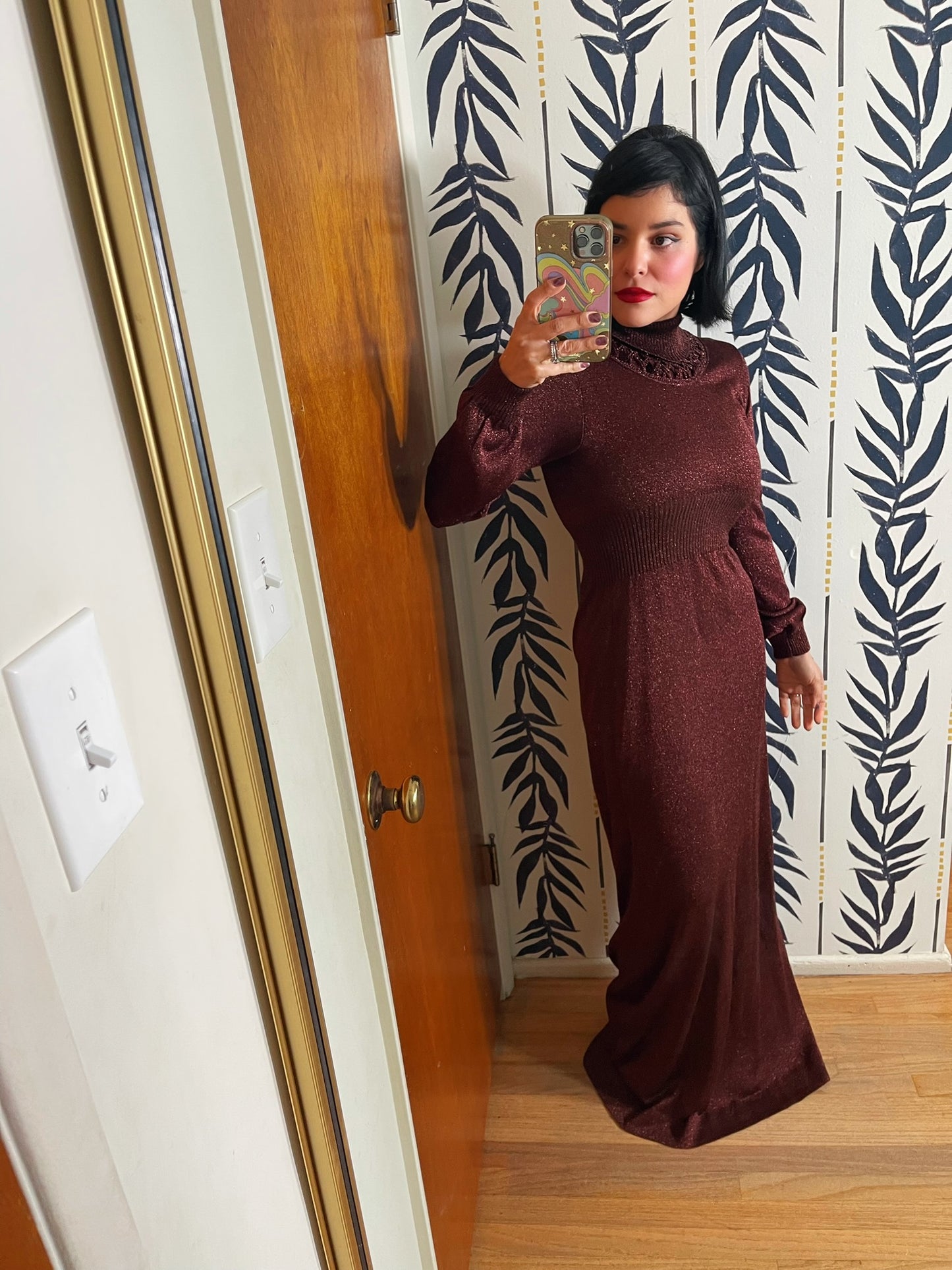 Vintage 60s 70s "Ruffians" Burgundy Glitter Knit Maxi Dress - Best Fits Size XS-L