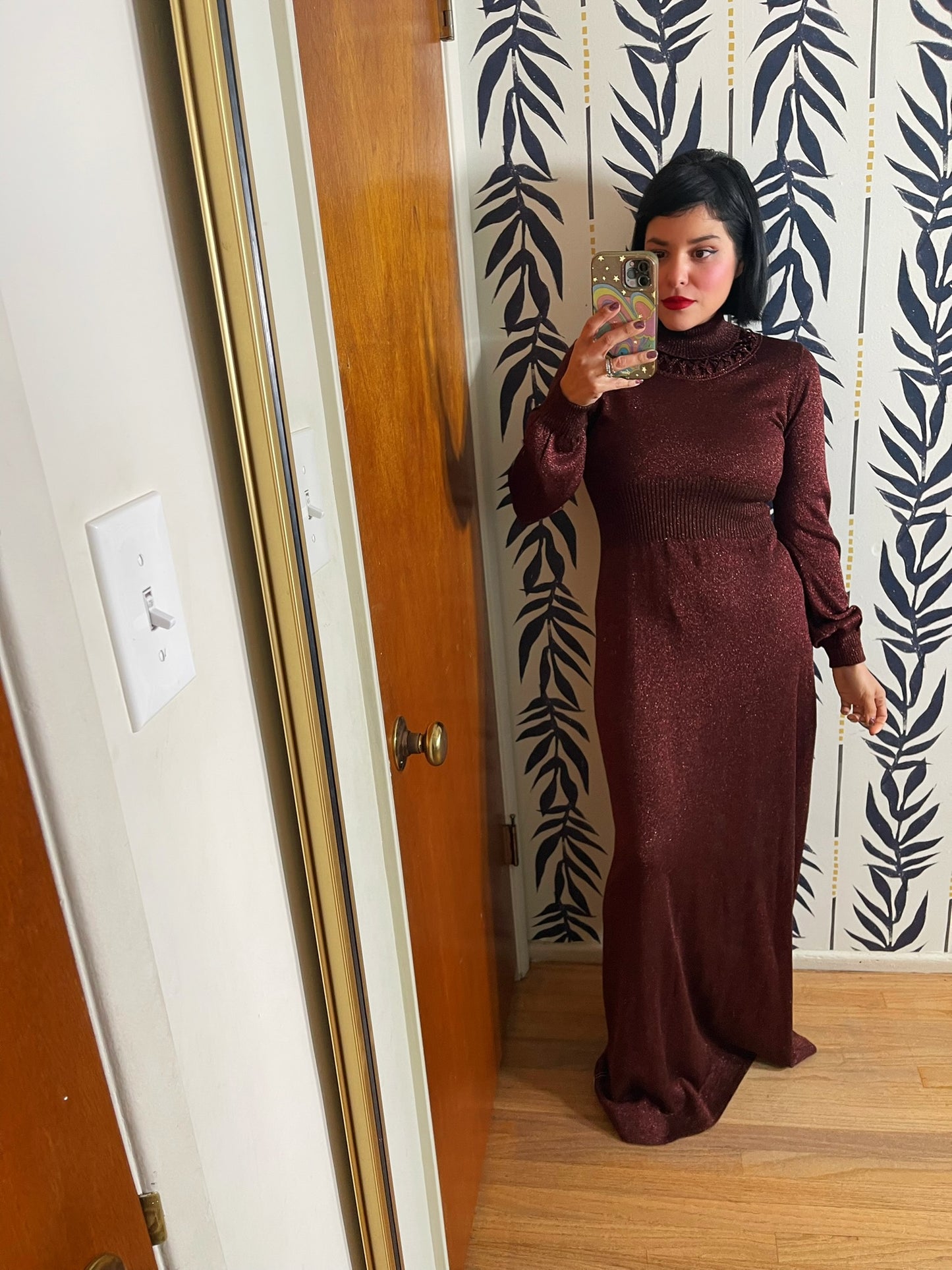 Vintage 60s 70s "Ruffians" Burgundy Glitter Knit Maxi Dress - Best Fits Size XS-L