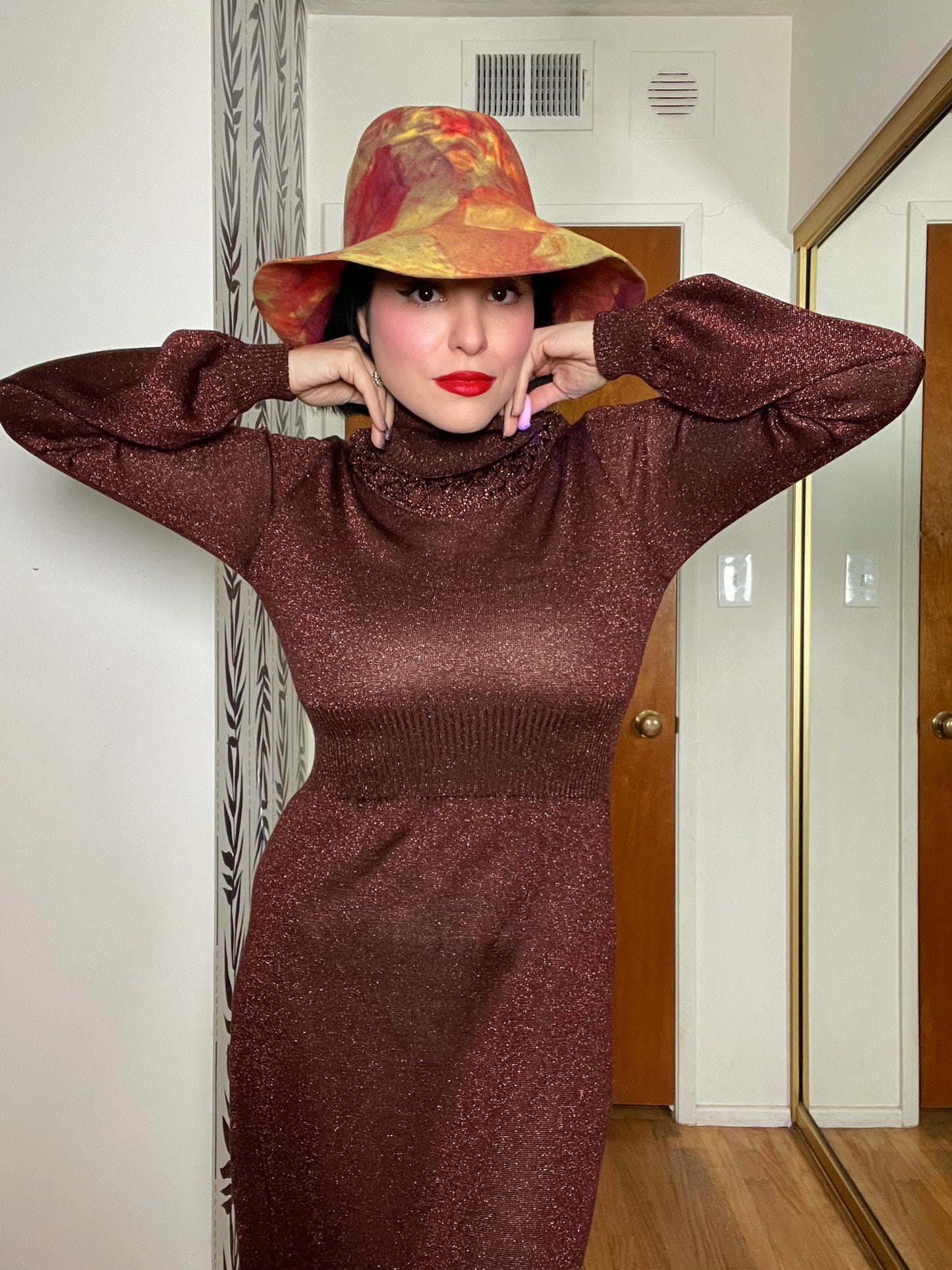 Vintage 60s 70s "Ruffians" Burgundy Glitter Knit Maxi Dress - Best Fits Size XS-L