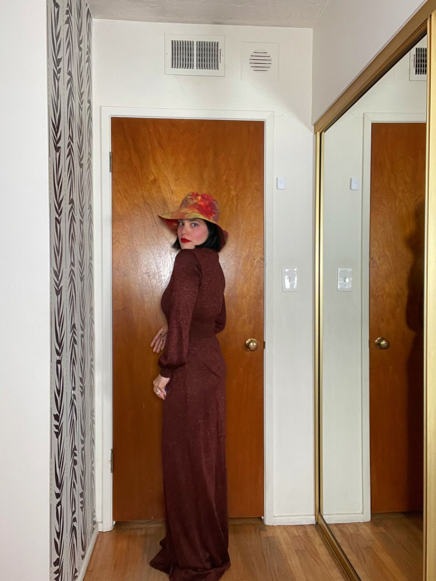 Vintage 60s 70s "Ruffians" Burgundy Glitter Knit Maxi Dress - Best Fits Size XS-L