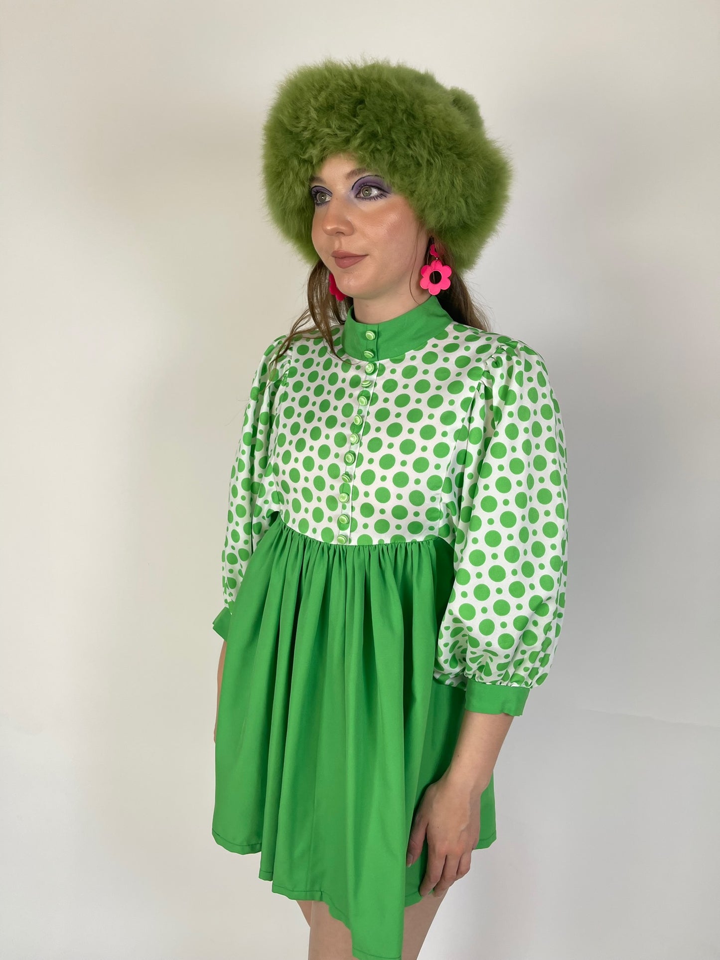 Vintage 60s 70s Green Polka Dot Babydoll Dress - Best Fits Size XS-S, Possibly M