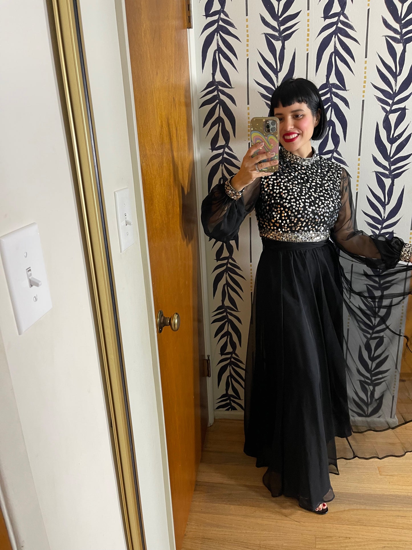 Vintage 60s "Jack Bryan" Made In Hong Kong Black Maxi Dress With Silver Square Sequins Best Fits Size S