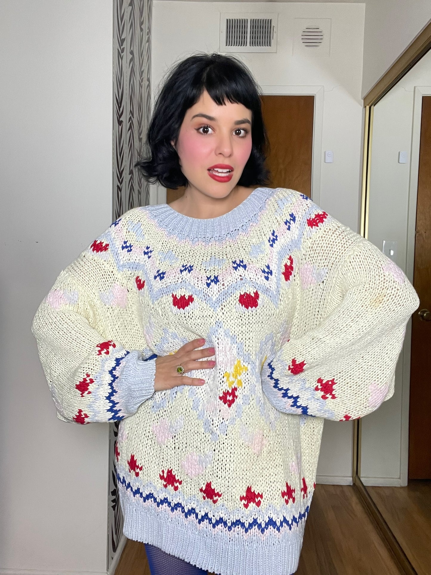 Vintage 70s 80s "No Jeans! Designs By Claude Atties" Pastel Knit Sweater - One Size Fits Most