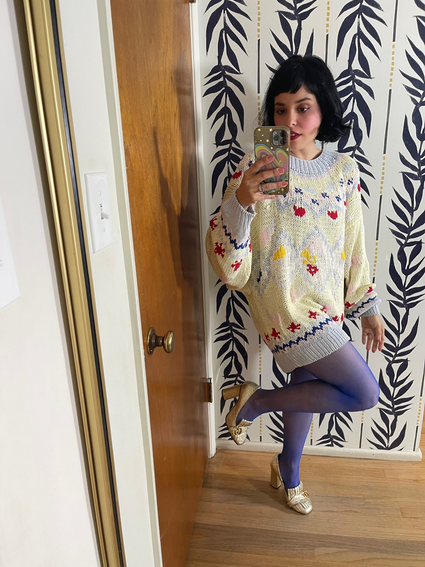 Vintage 70s 80s "No Jeans! Designs By Claude Atties" Pastel Knit Sweater - One Size Fits Most