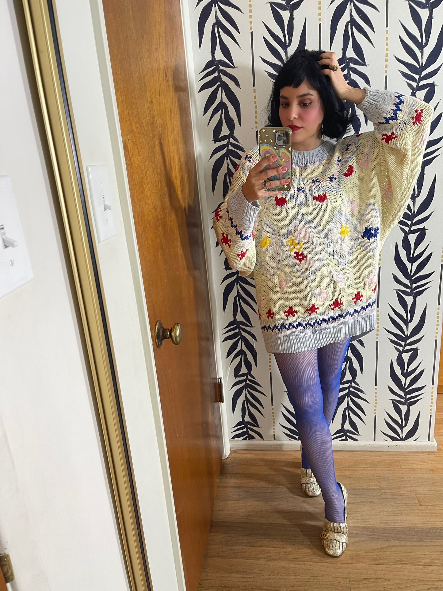 Vintage 70s 80s "No Jeans! Designs By Claude Atties" Pastel Knit Sweater - One Size Fits Most