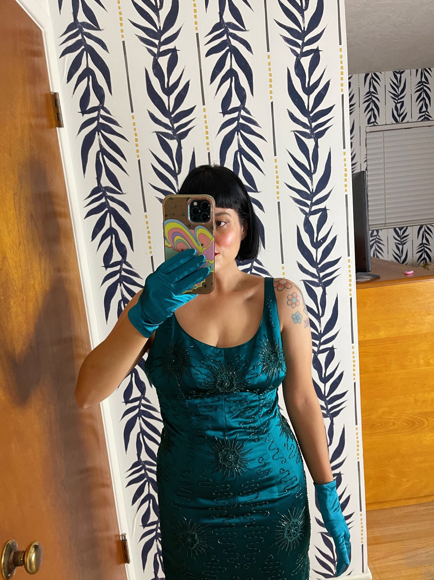 Vintage 50s 60s Emerald Hunter Green Wiggle Style Cocktail Dress w/ Beading Best Fits Sizes S-M