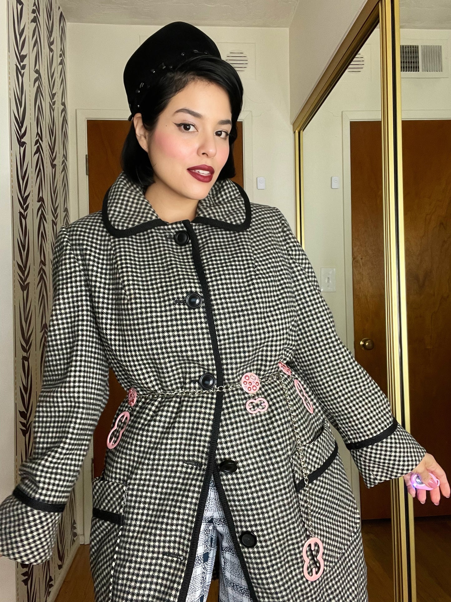 Vintage 50s 60s “Sears Fashions” Black and White Gingham Swing Style Coat with Rounded Collar Fits Most Sizes