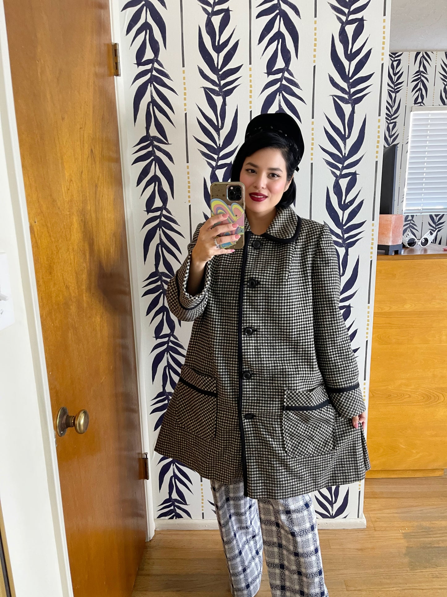 Vintage 50s 60s “Sears Fashions” Black and White Gingham Swing Style Coat with Rounded Collar Fits Most Sizes