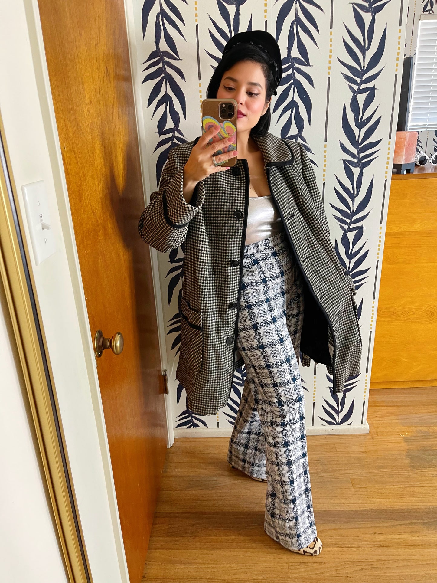 Vintage 50s 60s “Sears Fashions” Black and White Gingham Swing Style Coat with Rounded Collar Fits Most Sizes