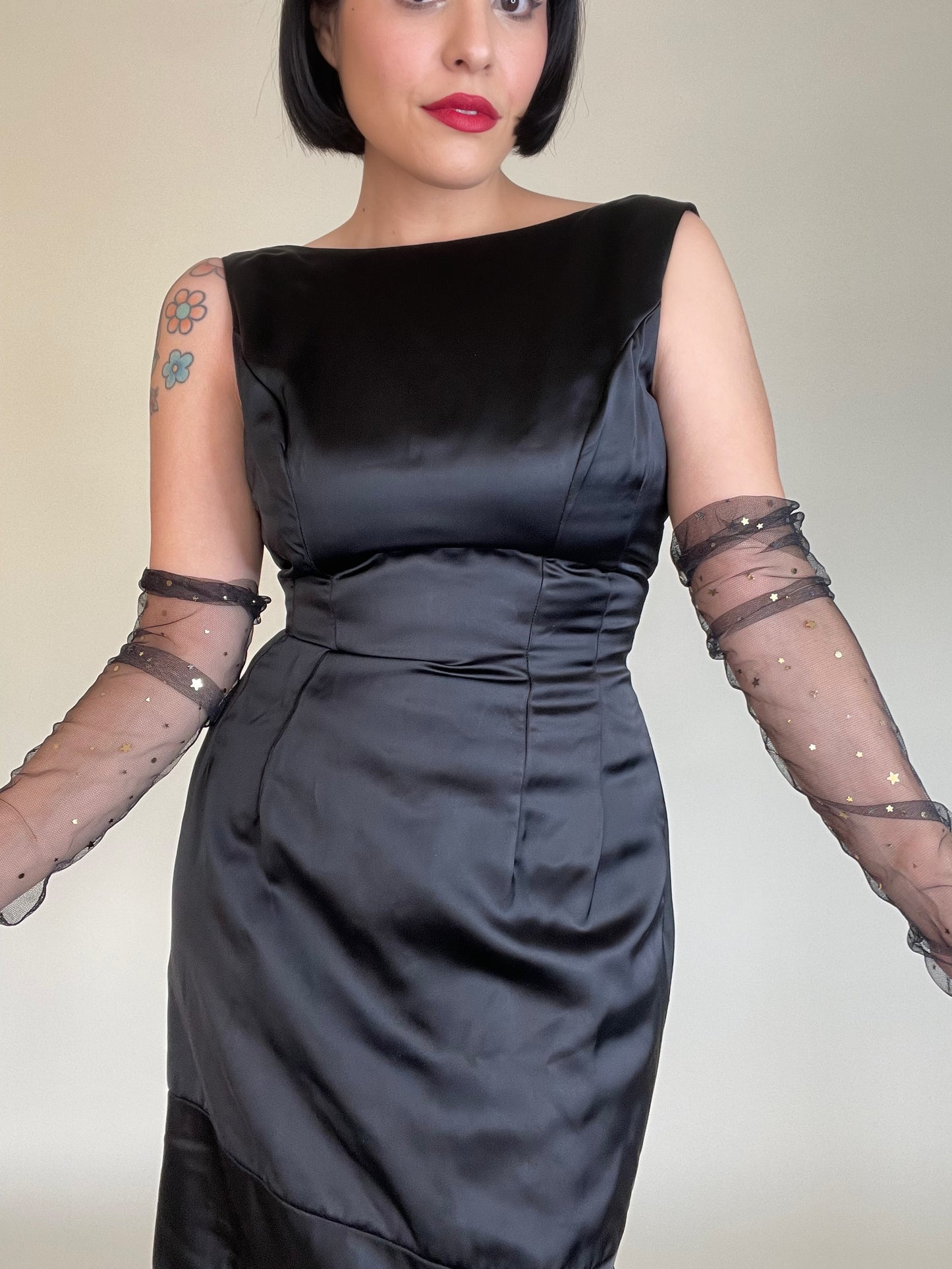 Vintage 50s 60s Black Silk Satin Audrey Hepburn Ruched Hemline Back Bow Wiggle Dress Best Fits Sizes XS-SM