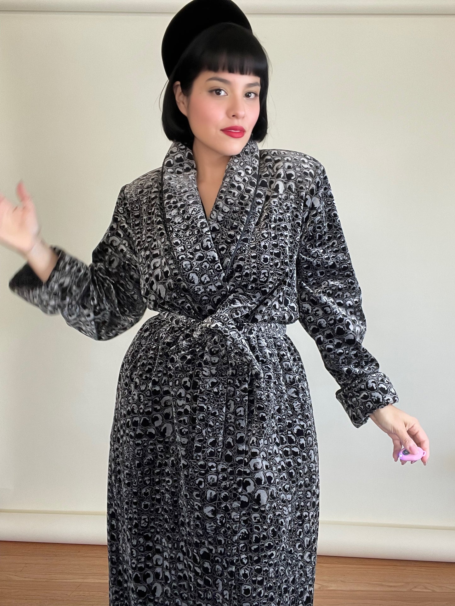 Vintage 80s Patent Leather Crocodile Print Rich Velvet Robe Duster Fits Most Sizes