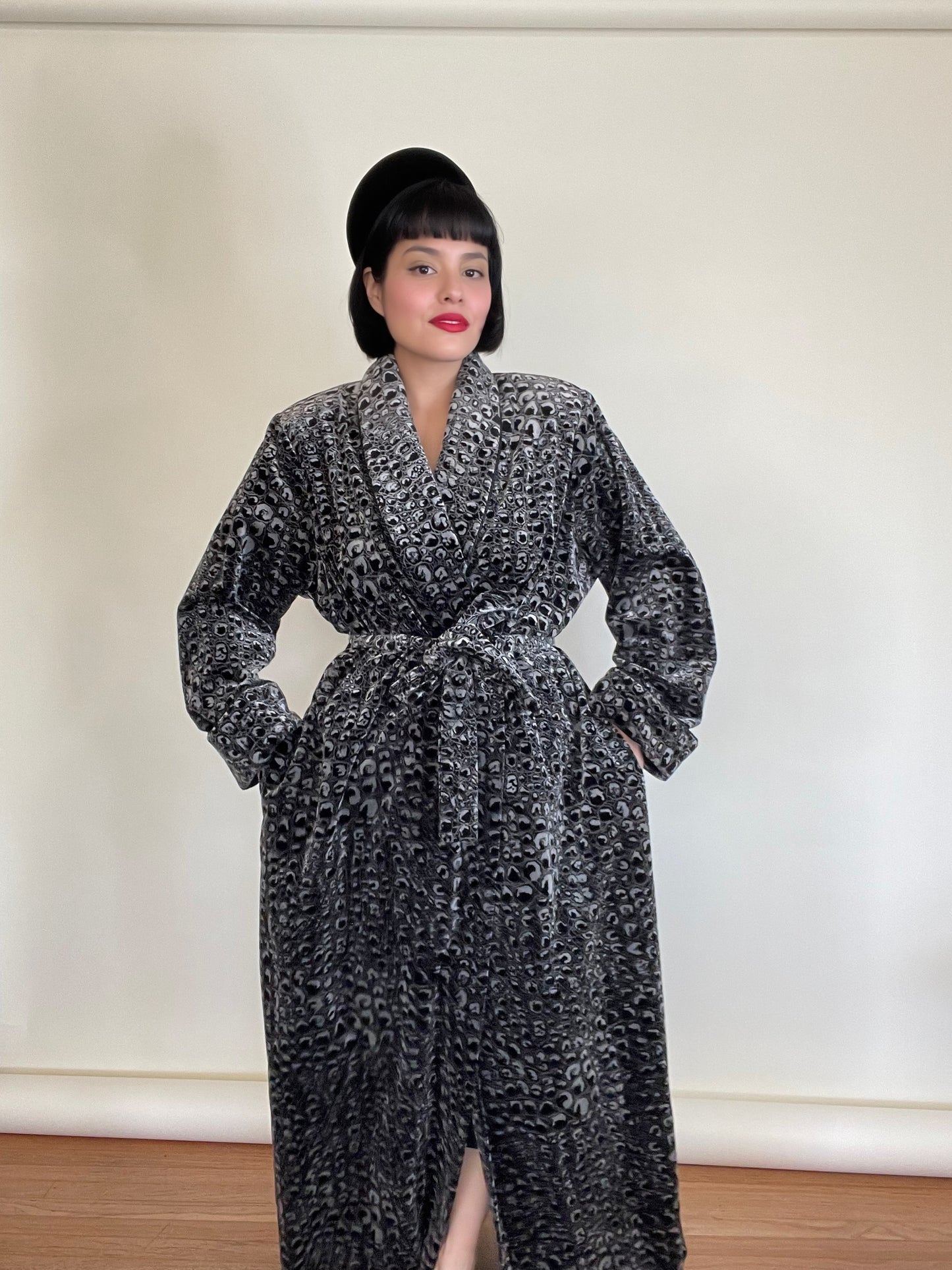 Vintage 80s Patent Leather Crocodile Print Rich Velvet Robe Duster Fits Most Sizes