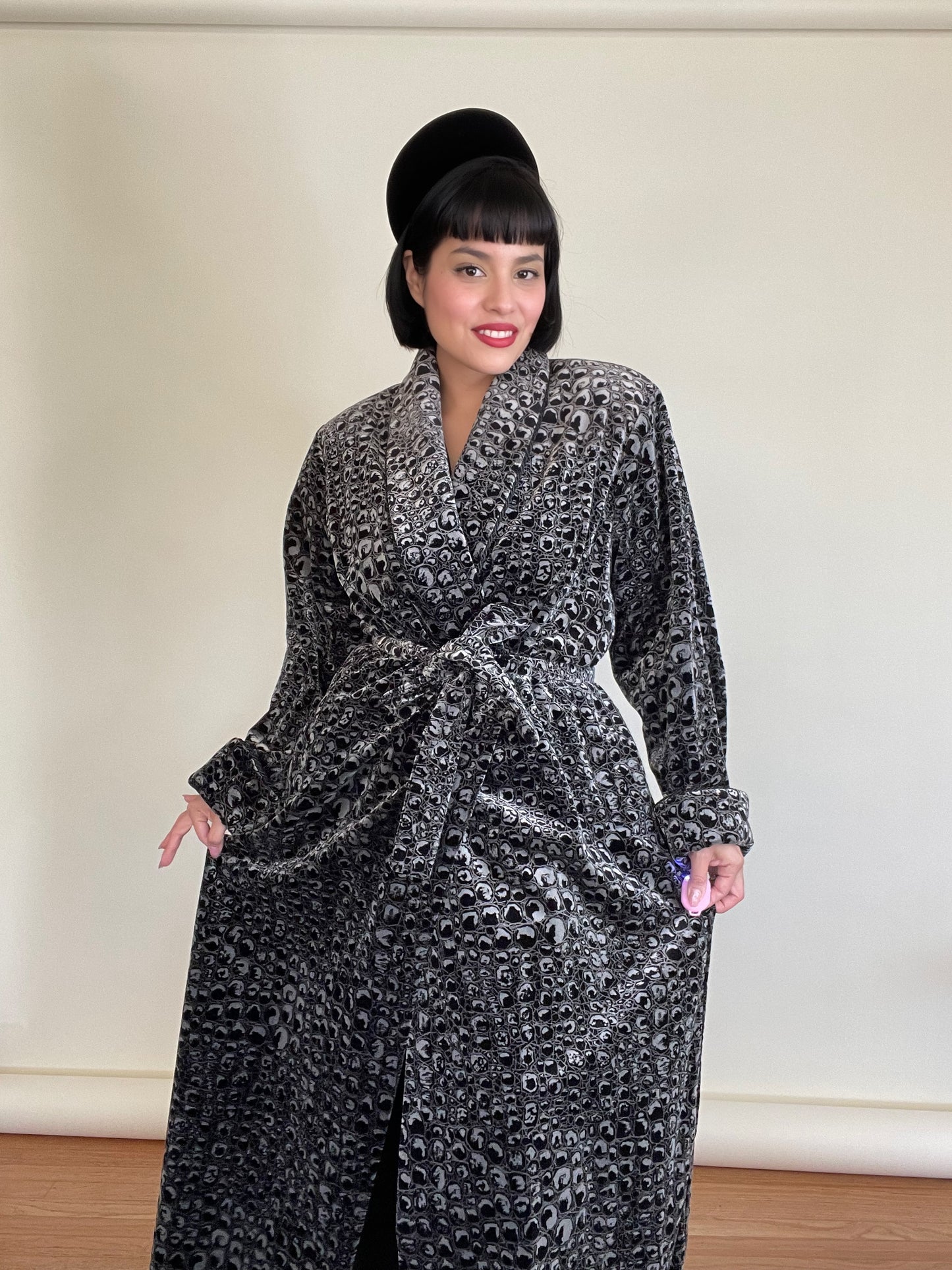 Vintage 80s Patent Leather Crocodile Print Rich Velvet Robe Duster Fits Most Sizes