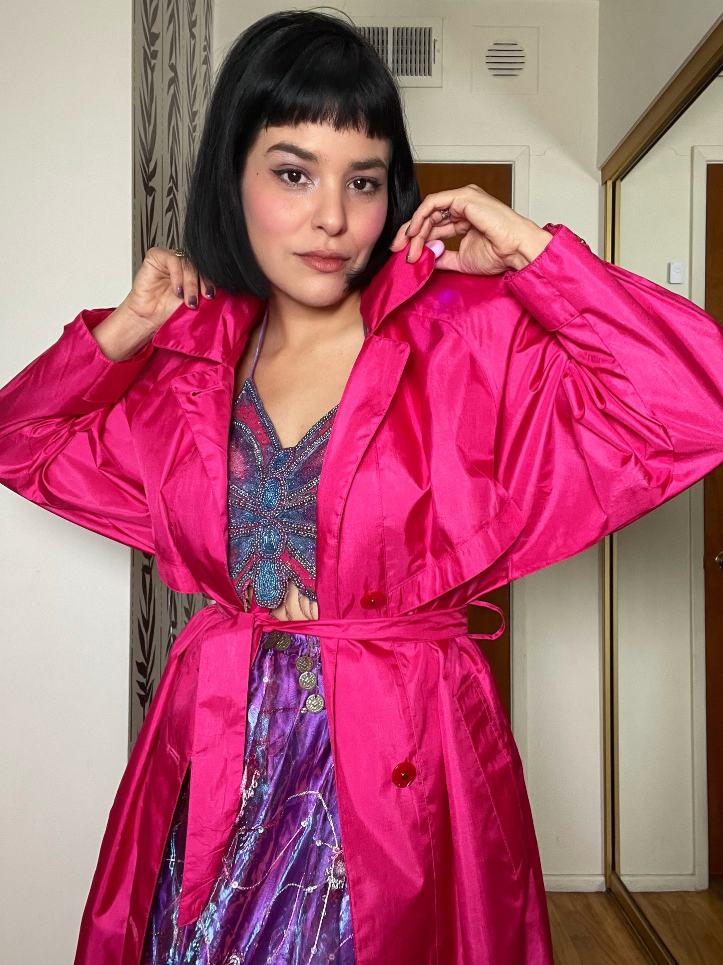 Vintage 80s Hot Pink Trench Coat - Fits Most Sizes