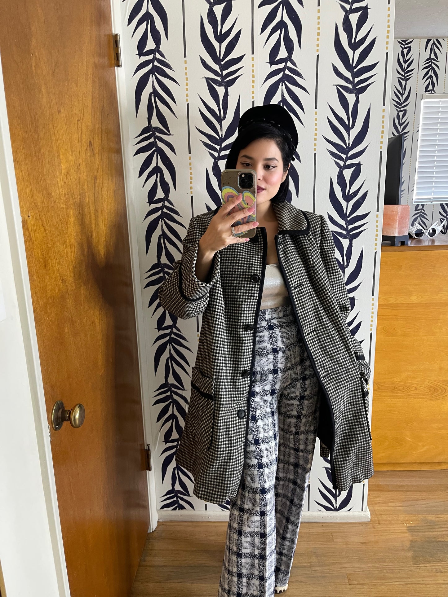 Vintage 50s 60s “Sears Fashions” Black and White Gingham Swing Style Coat with Rounded Collar Fits Most Sizes