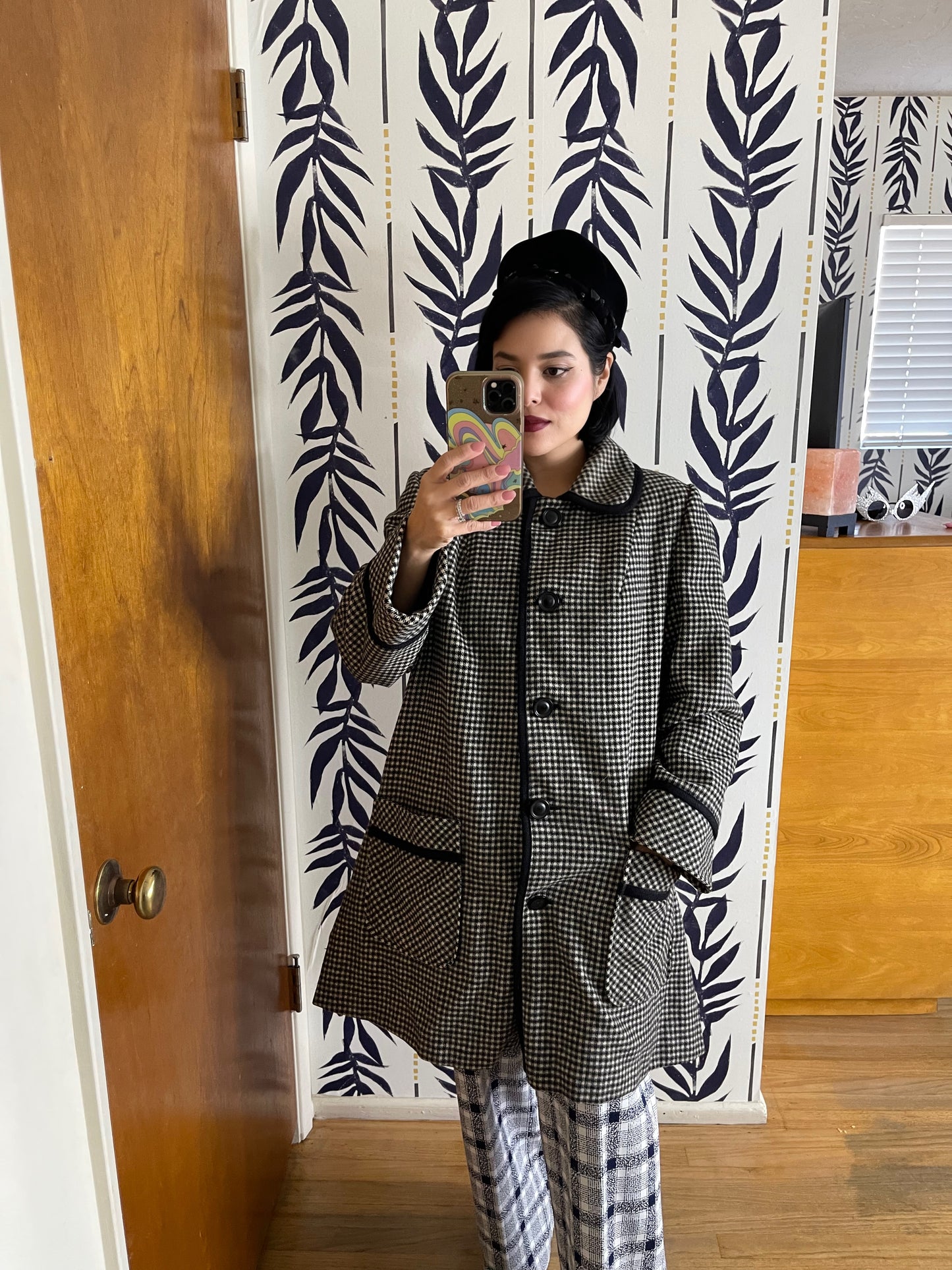 Vintage 50s 60s “Sears Fashions” Black and White Gingham Swing Style Coat with Rounded Collar Fits Most Sizes