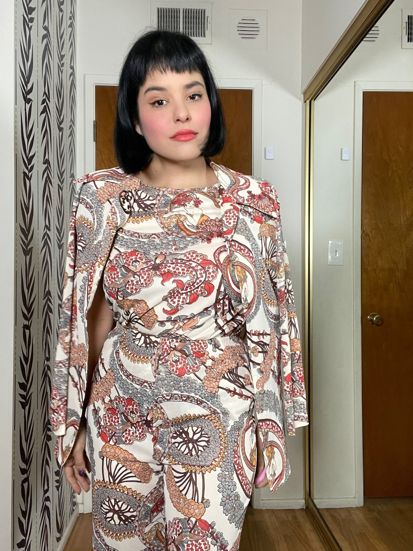 Vintage 70s Novelty Art Nouveau Print 3-piece - Best Fits Size XS-M