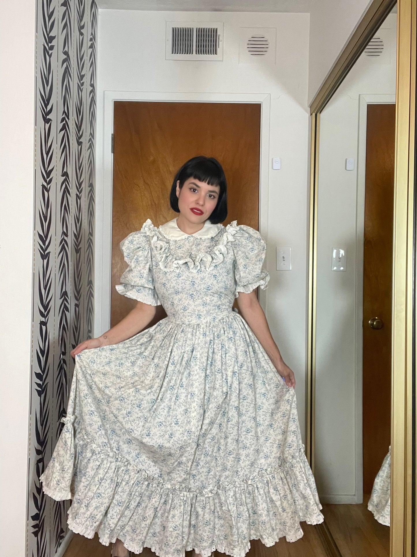 Vintage 70s Blue and Cream Prairie Dress - Best Fits Size M-L