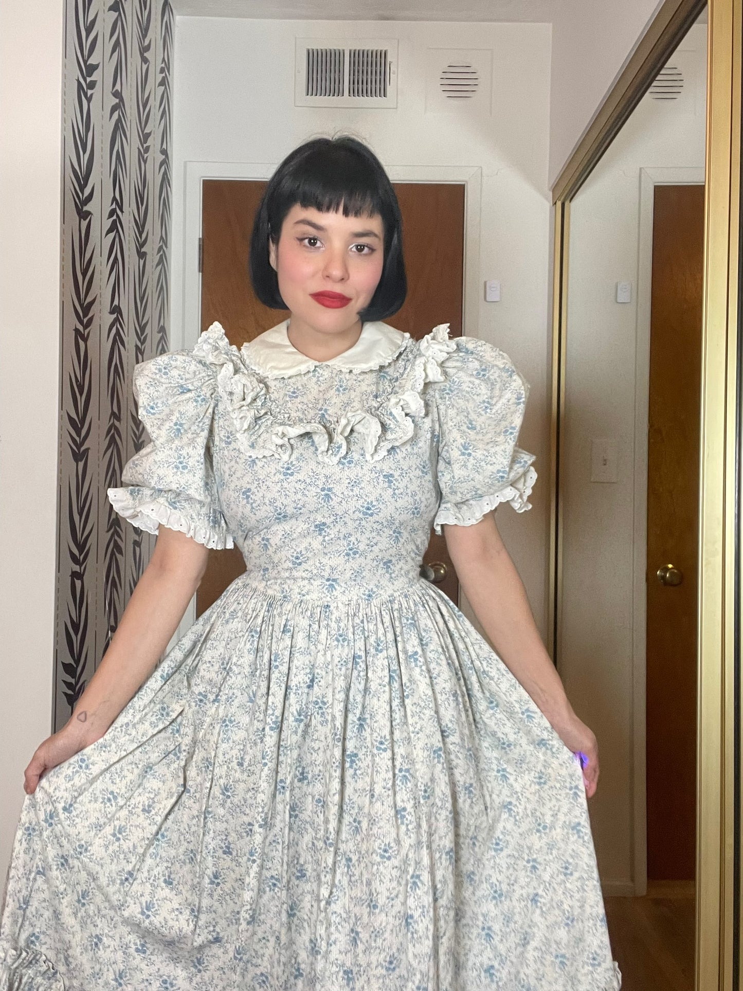 Vintage 70s Blue and Cream Prairie Dress - Best Fits Size M-L