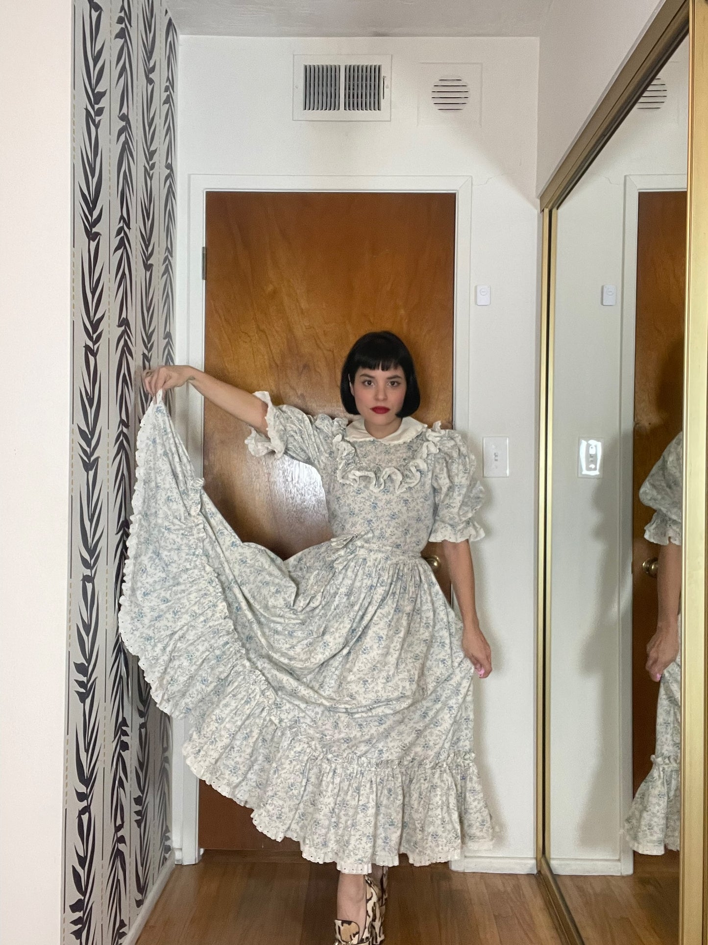 Vintage 70s Blue and Cream Prairie Dress - Best Fits Size M-L