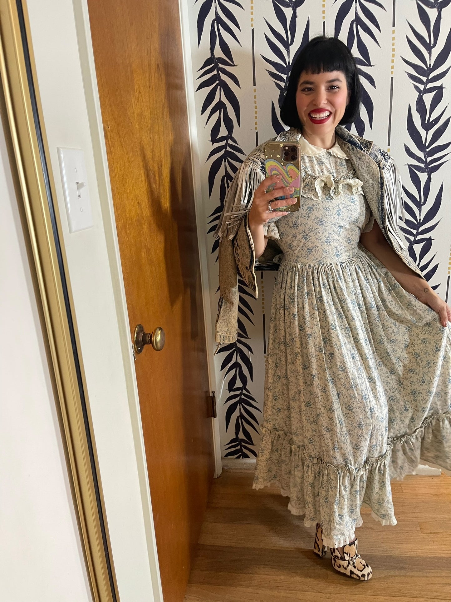 Vintage 70s Blue and Cream Prairie Dress - Best Fits Size M-L