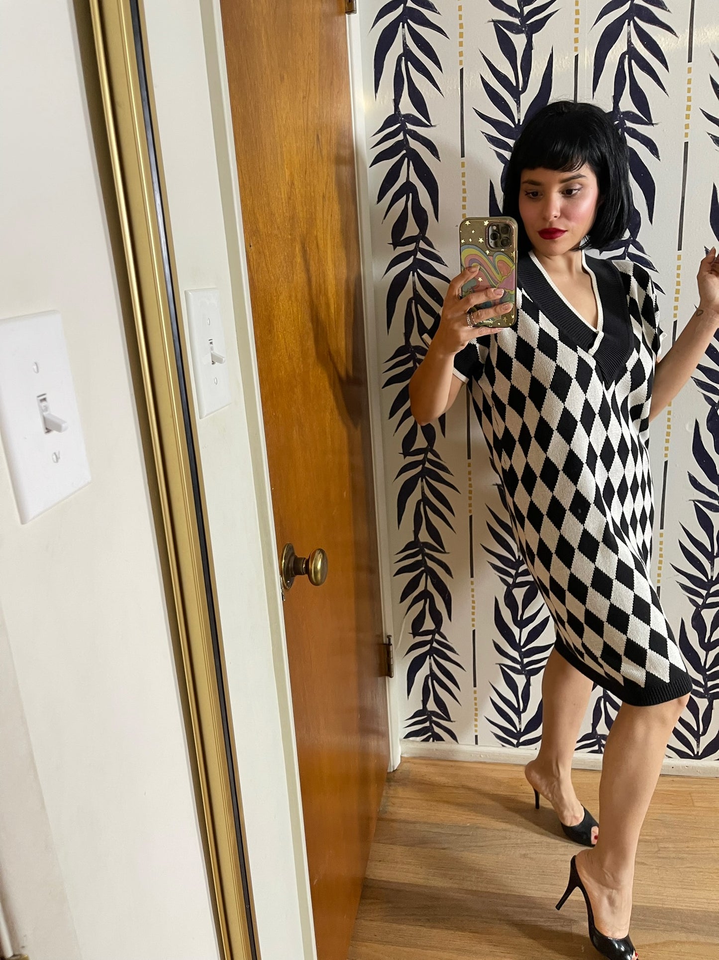 Vintage 80s "Kazmel" Black & White Diamond Knit Dress - Fits Most Sizes